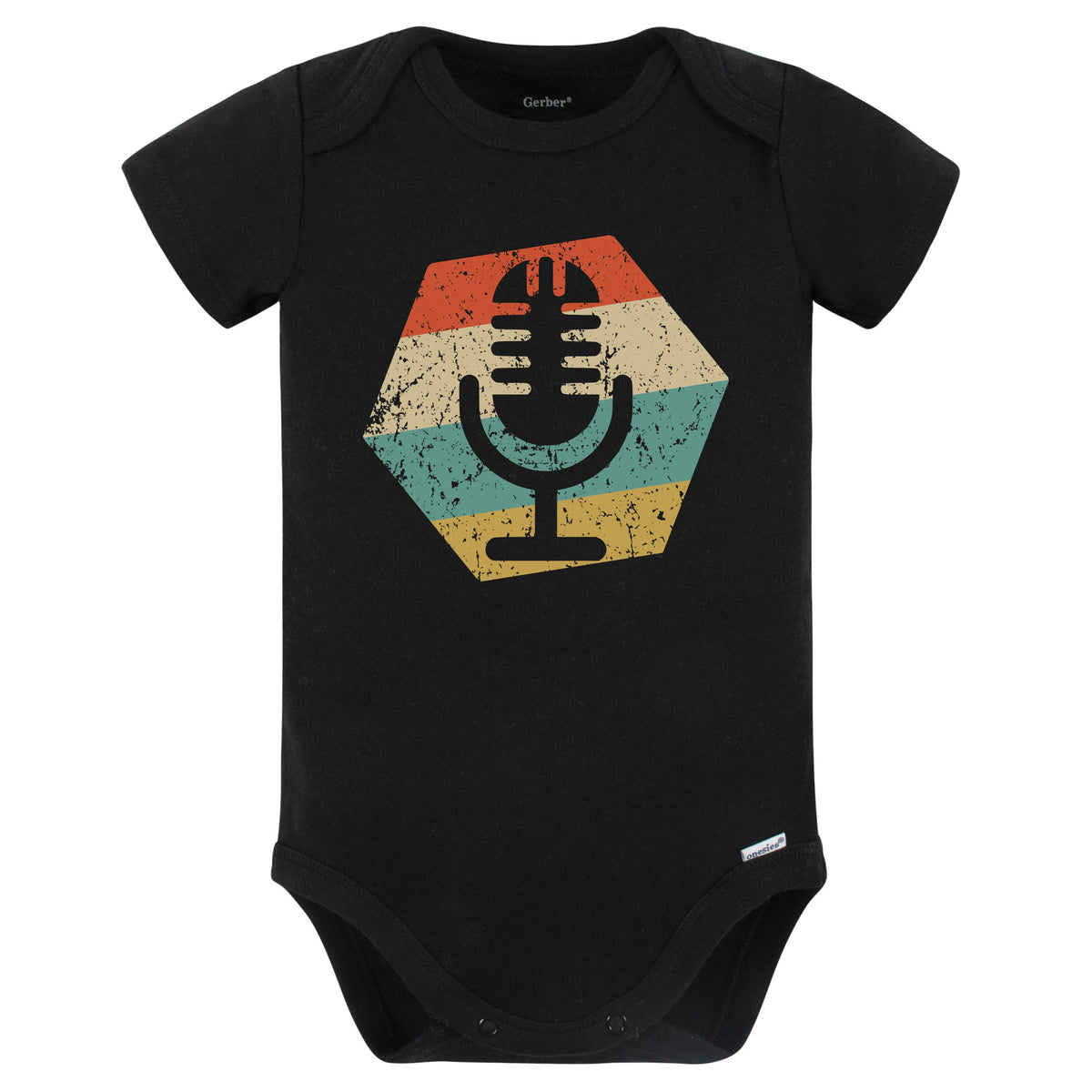 Microphone Retro Distressed Hexagon Podcast Host Baby Bodysuit (Black)