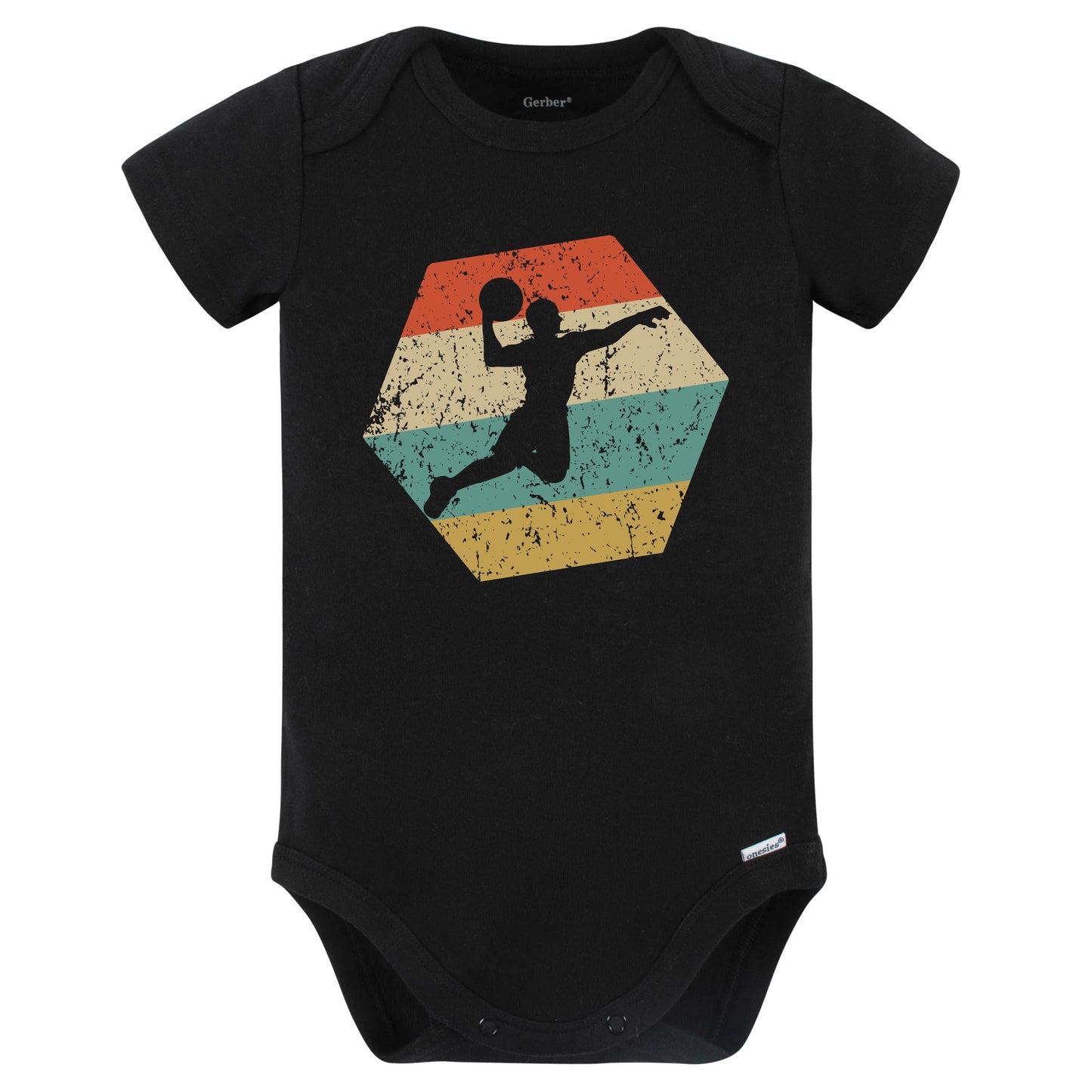 Basketball Player Retro Distressed Hexagon Dunk Baby Bodysuit (Black)