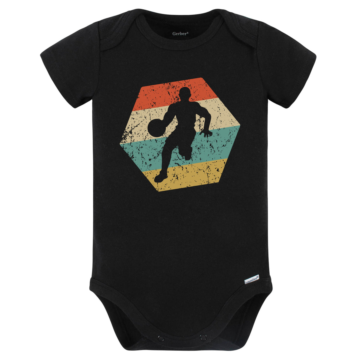 Basketball Player Retro Distressed Hexagon Point Guard Baby Bodysuit (Black)