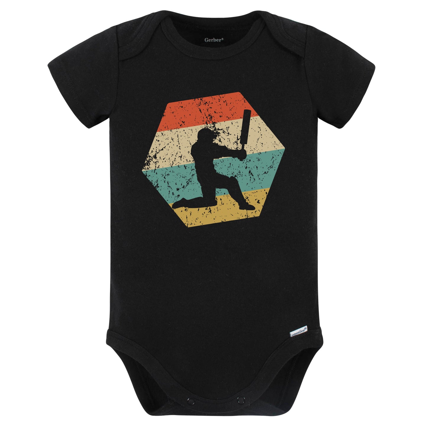 Cricket Player Retro Distressed Hexagon Cricket Batsman Baby Bodysuit (Black)