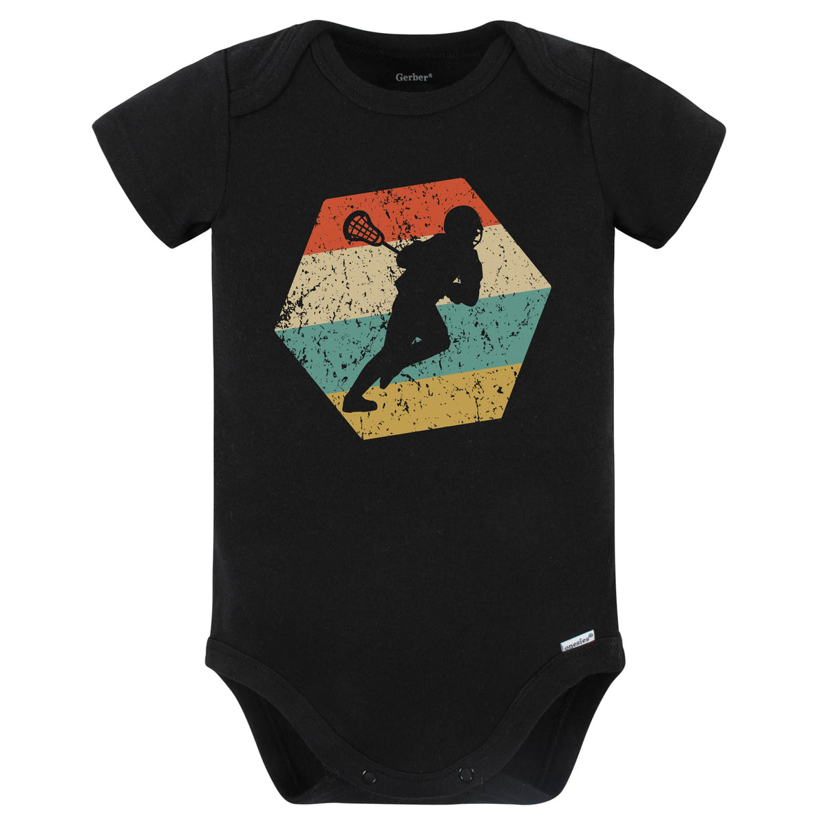 Lacrosse Player Retro Distressed Hexagon Lacrosse Baby Bodysuit (Black)