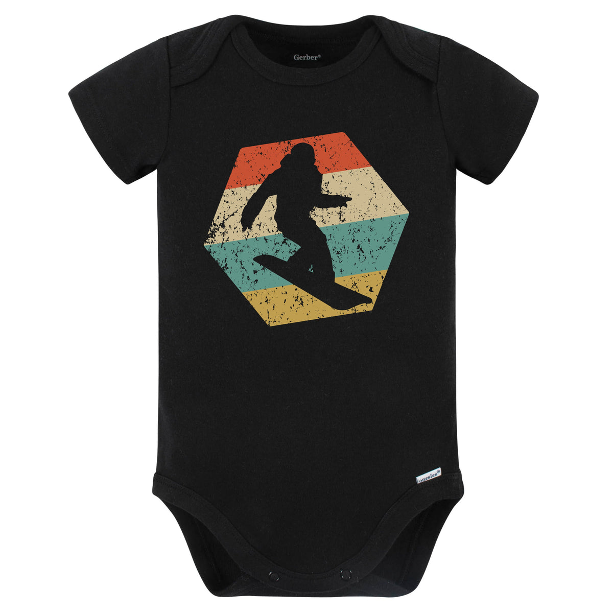 Snowboarding Retro Distressed Hexagon Snowboarder Baby Bodysuit (Black)