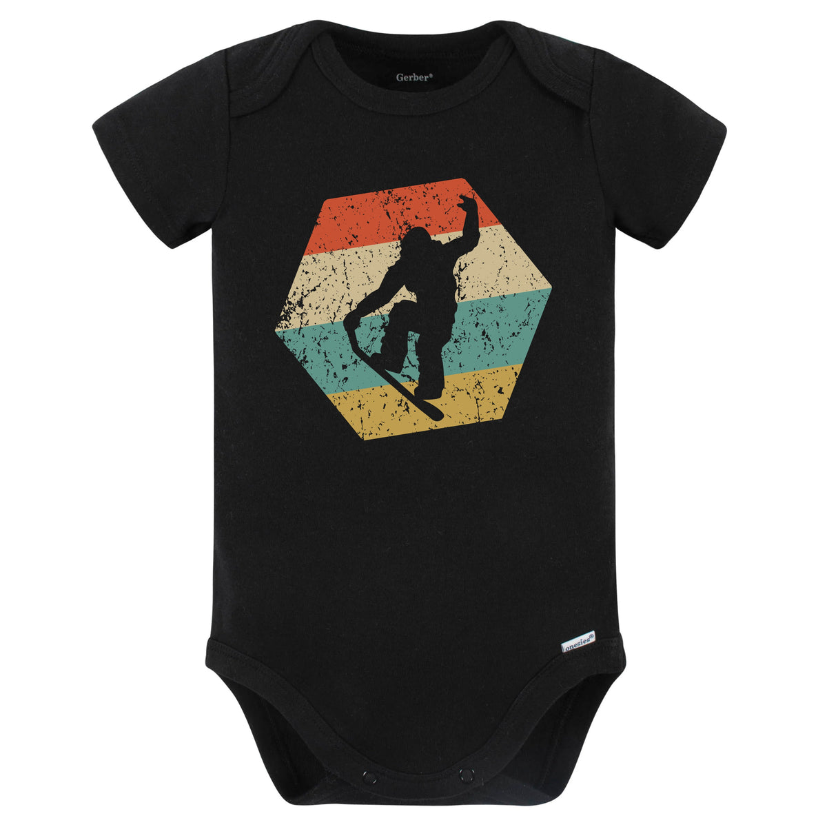 Snowboarder Retro Distressed Hexagon Snowboarding Baby Bodysuit (Black)