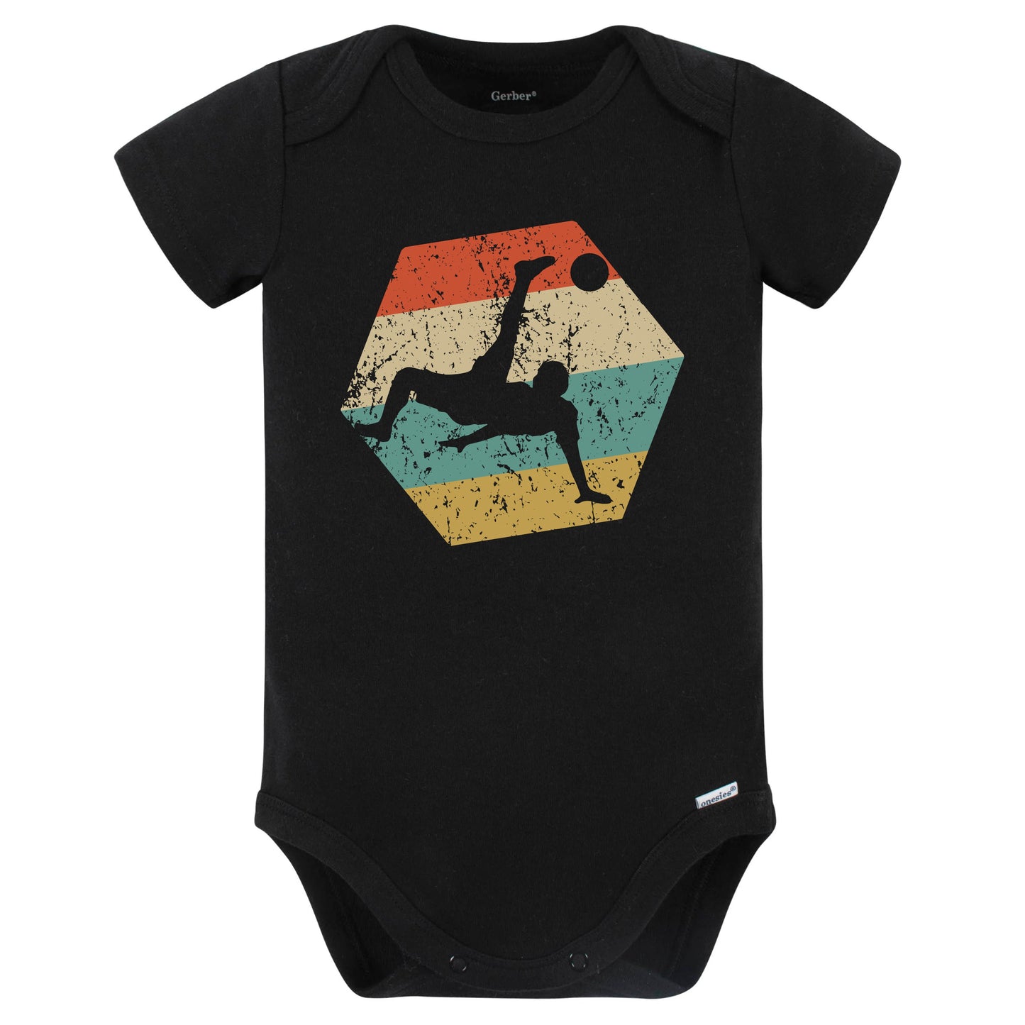Soccer Retro Distressed Hexagon Soccer Kick Baby Bodysuit (Black)