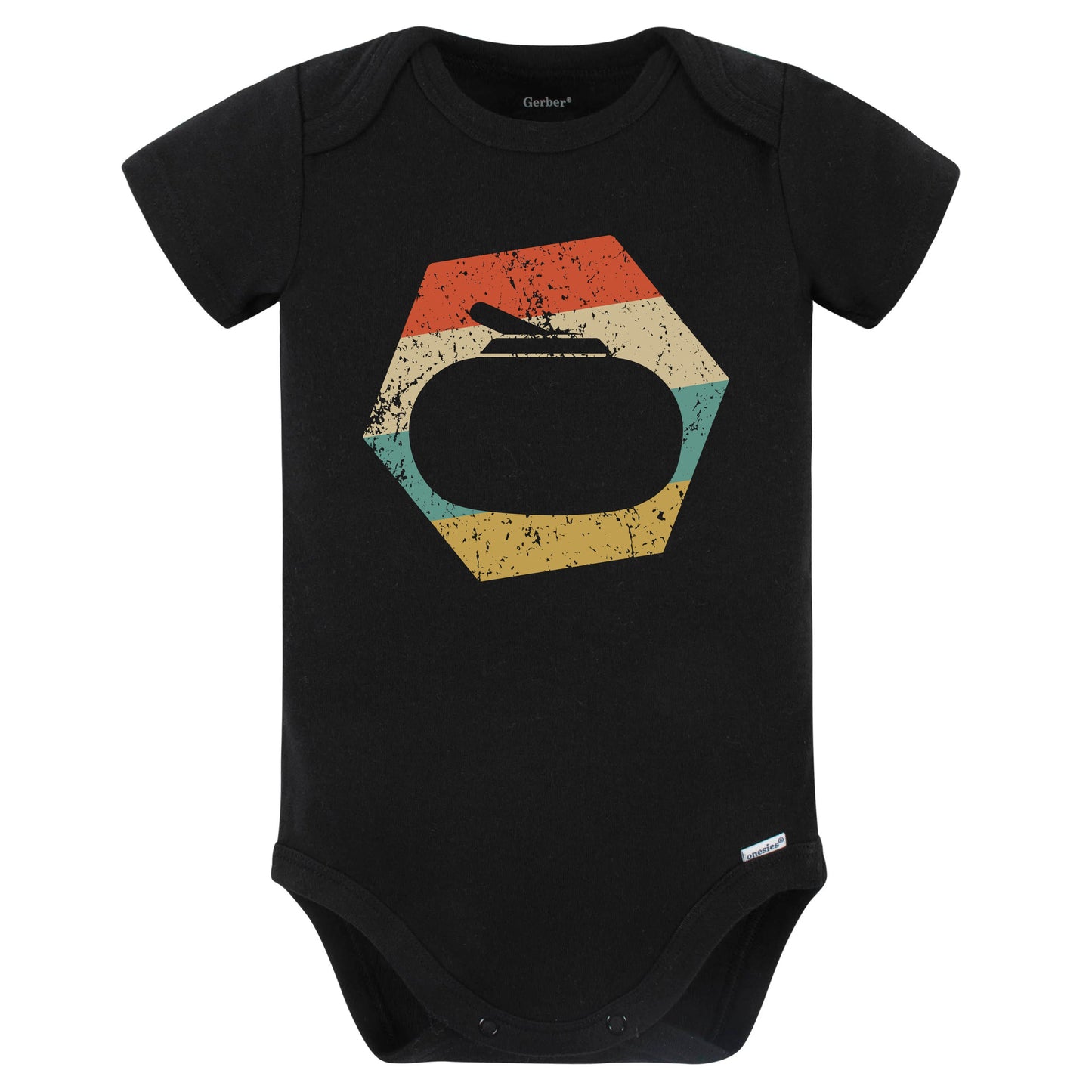 Curling Retro Distressed Hexagon Curling Stone Baby Bodysuit (Black)