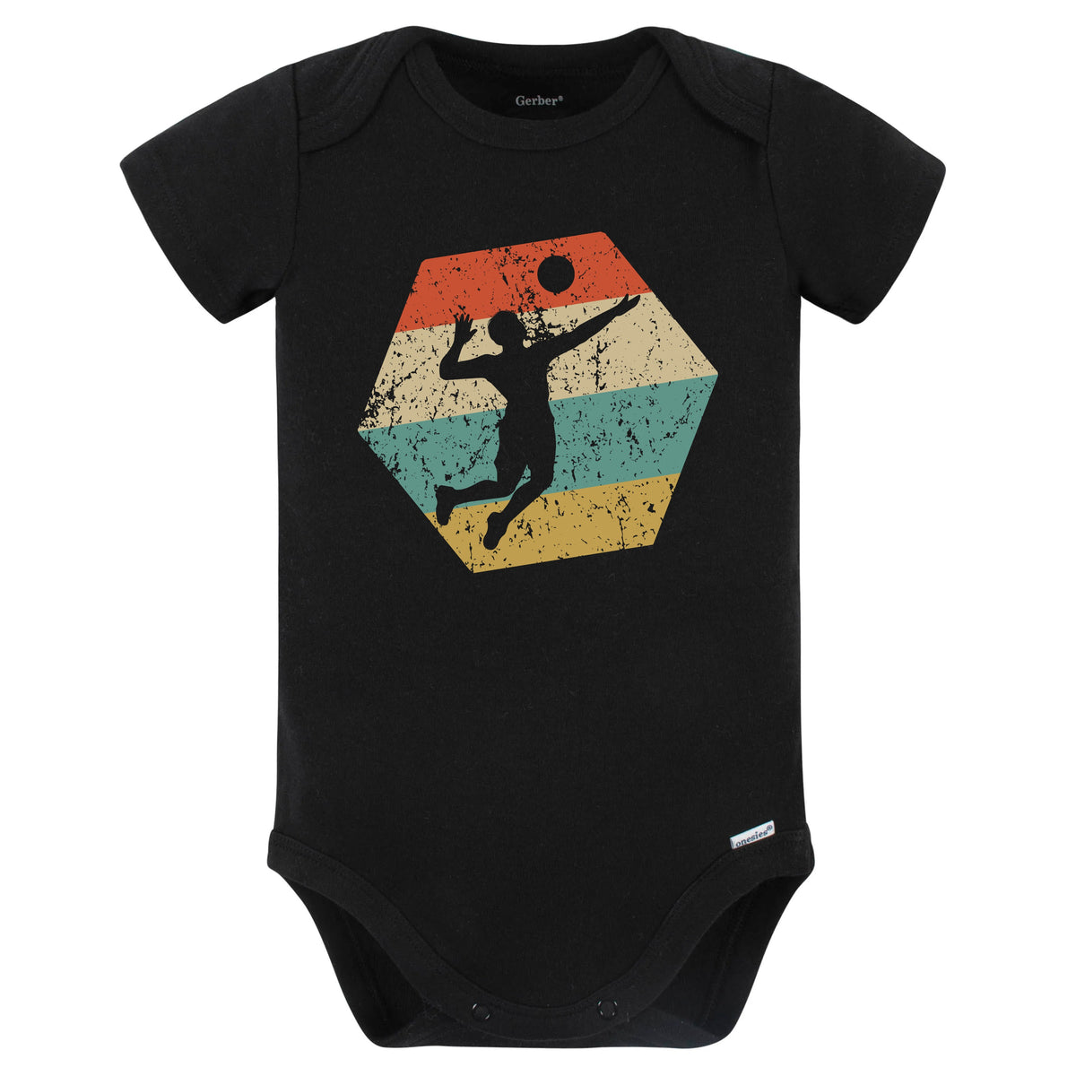 Volleyball Retro Distressed Hexagon Volleyball Player Baby Bodysuit (Black)