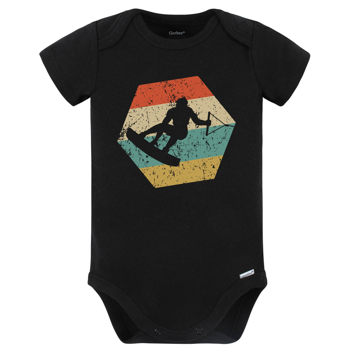 Wakeboarding Retro Distressed Hexagon Wakeboard Baby Bodysuit (Black)