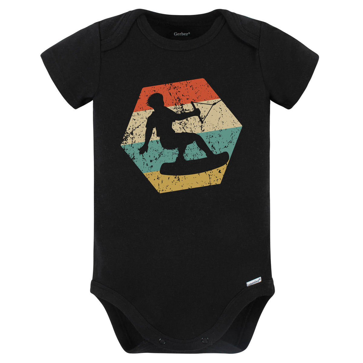 Wakeboarding Retro Distressed Hexagon Wakeboarder Baby Bodysuit (Black)