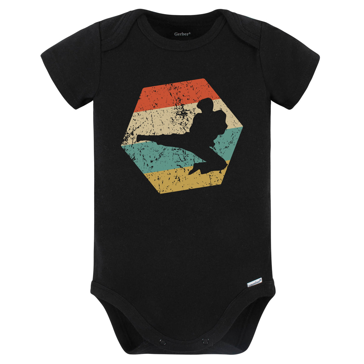 Martial Arts Retro Distressed Hexagon Karate Jump Kick Baby Bodysuit (Black)