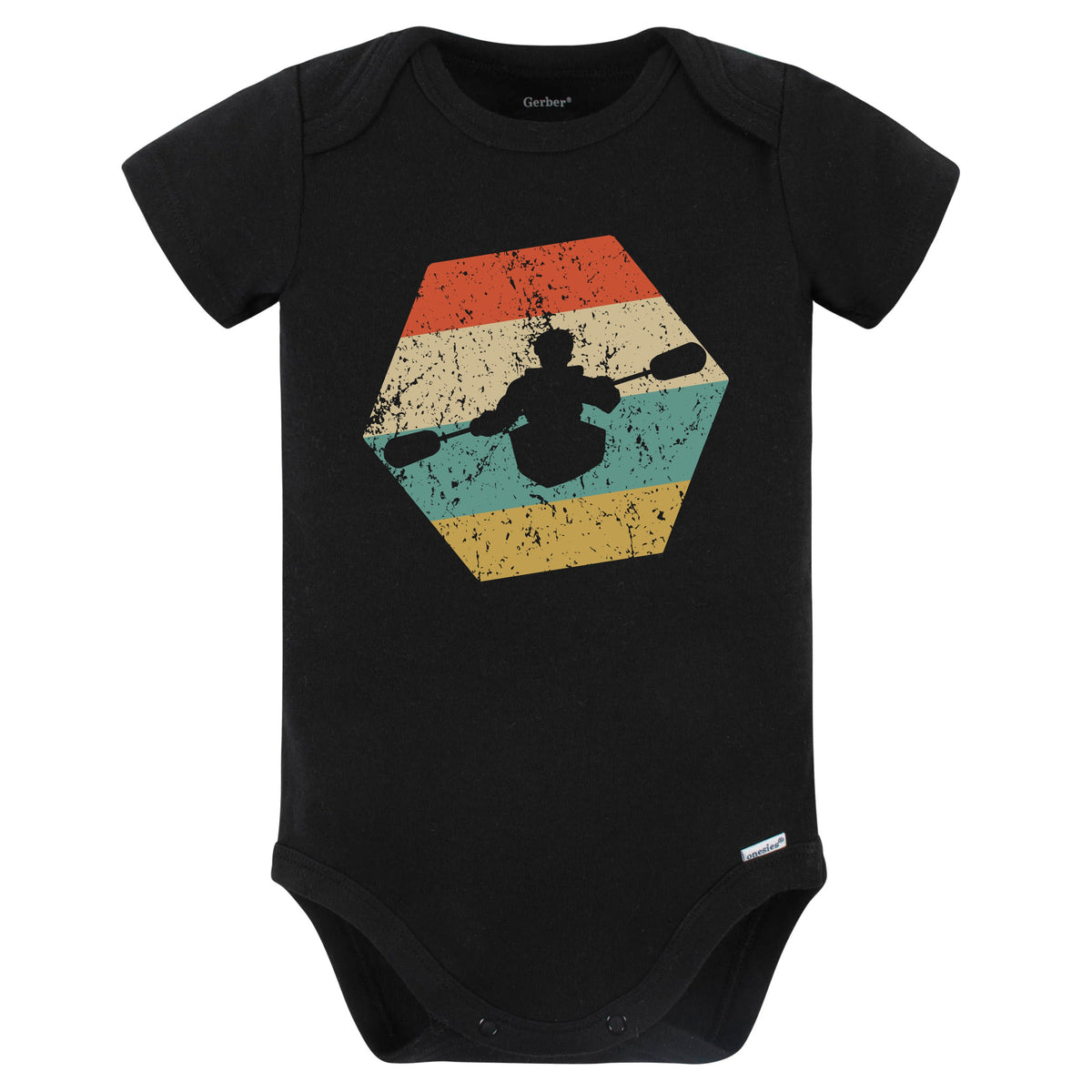 Kayaking Retro Distressed Hexagon Kayak Baby Bodysuit (Black)