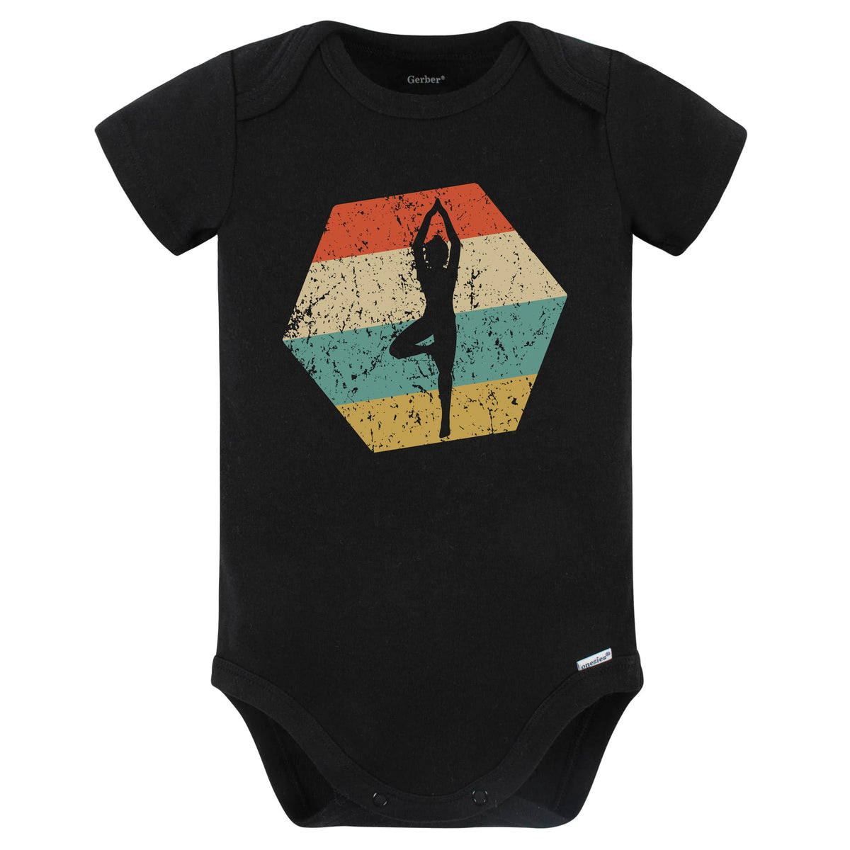 Yoga Retro Distressed Hexagon Yoga Pose Baby Bodysuit (Black)