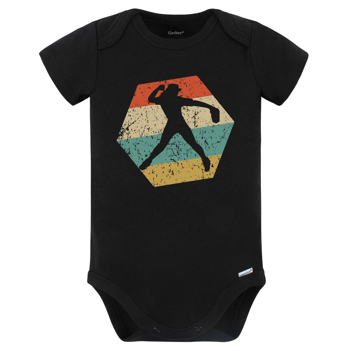Softball Retro Distressed Hexagon Softball Player Baby Bodysuit (Black)