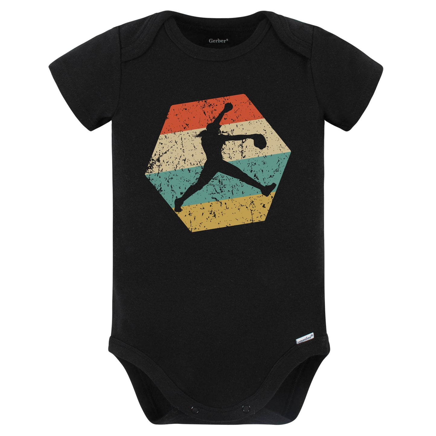 Fast Pitch Softball Retro Distressed Hexagon Pitcher Baby Bodysuit (Black)