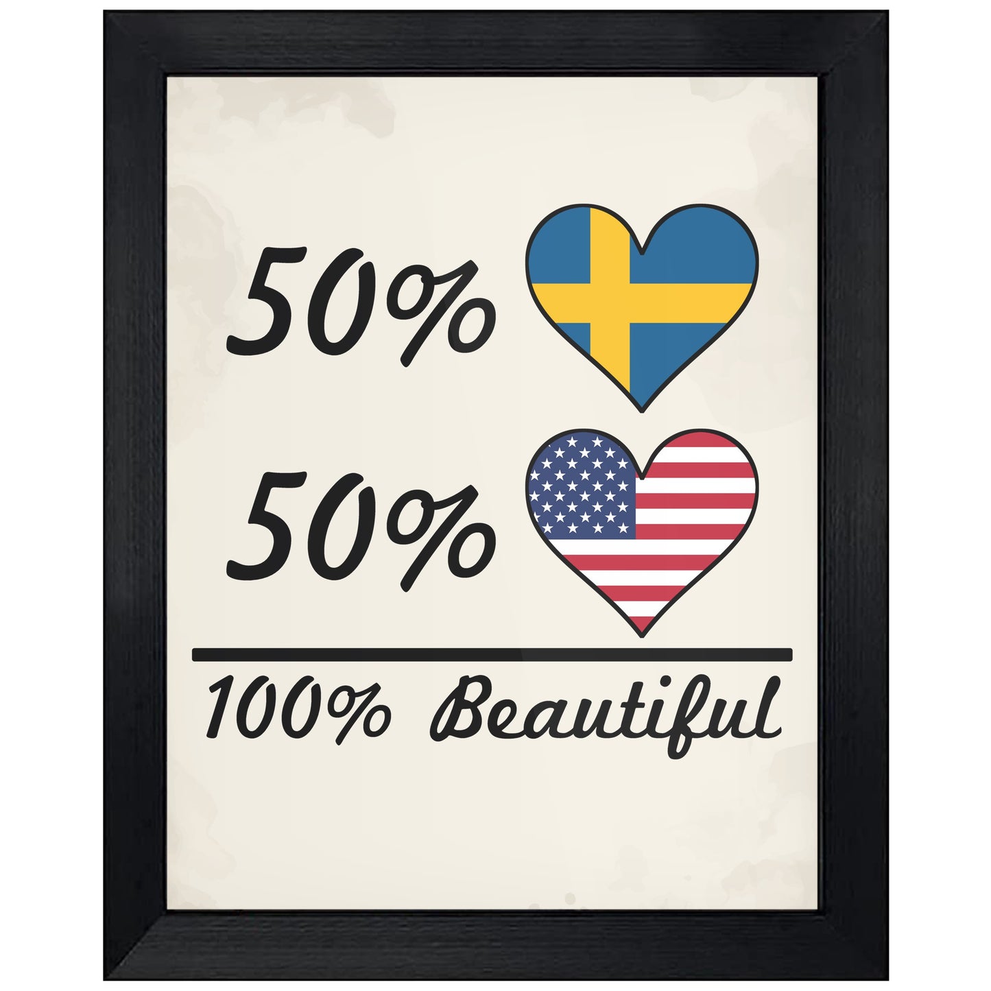 50% Swedish 50% American 100% Beautiful Sweden Flag Heart 8"x10" Wall Art Print