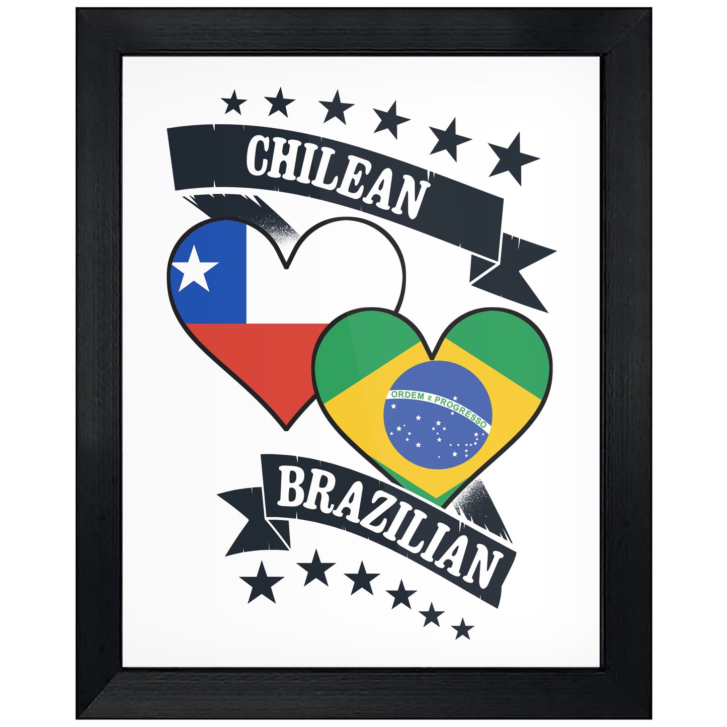 Chilean Brazilian Heart Flags Chile Brazil 8"x10" Wall Art Print