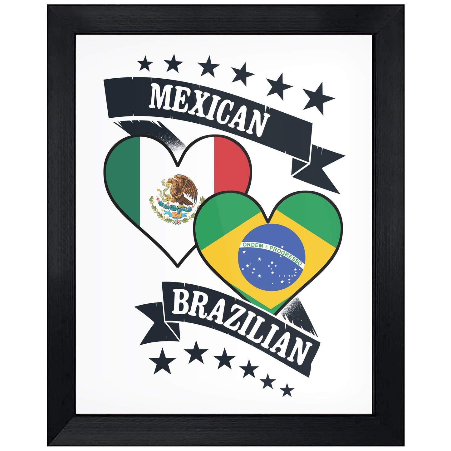 Mexican Brazilian Heart Flags Mexico Brazil 8"x10" Wall Art Print