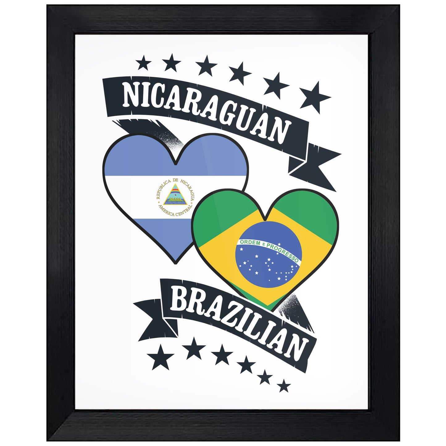 Nicaraguan Brazilian Heart Flags Nicaragua Brazil 8"x10" Wall Art Print
