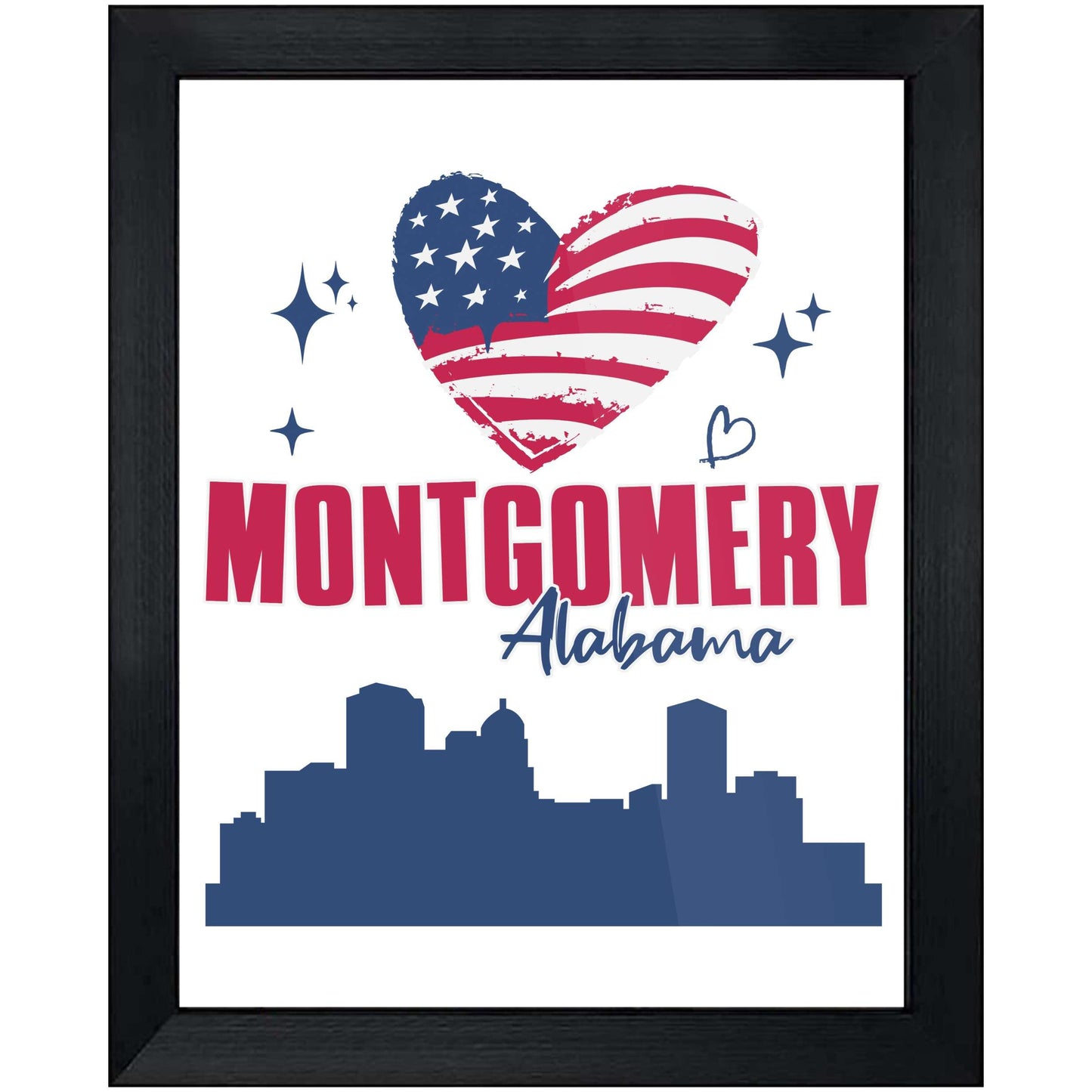 Montgomery Alabama Skyline American Flag Heart 4th of July 8"x10" Wall Art Print