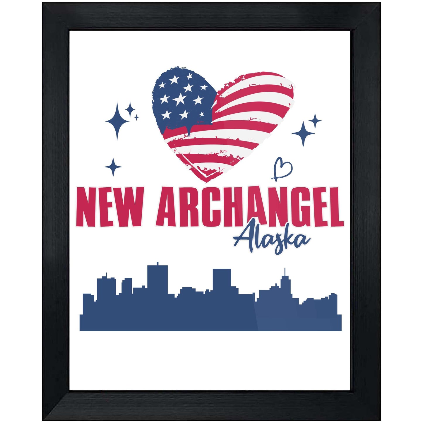 New Archangel Alaska Skyline American Flag Heart 4th of July 8"x10" Wall Art Print