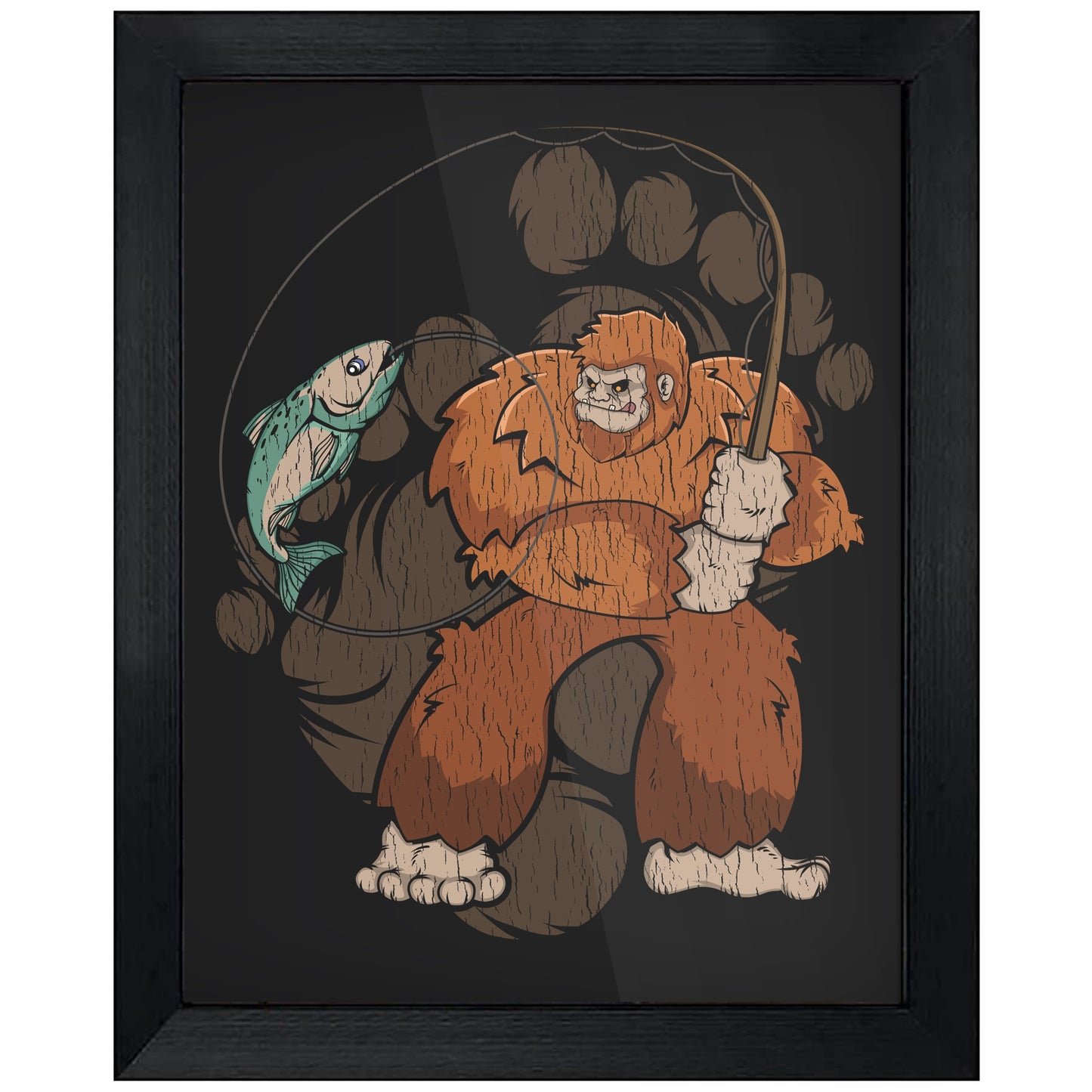 Bigfoot Fishing Art - Sasquatch Catching a Fish 8"x10" Wall Art Print