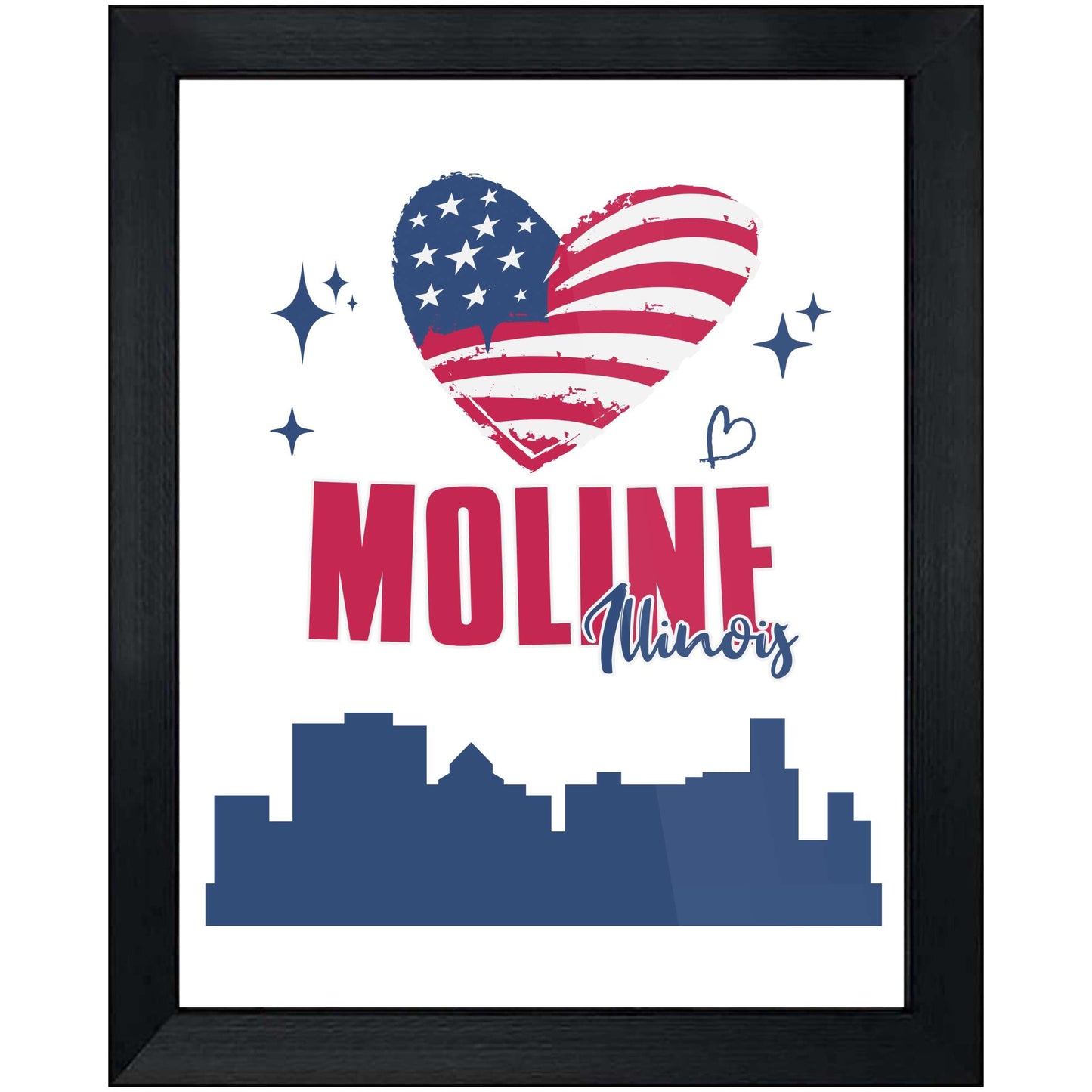 Moline Illinois Skyline American Flag Heart 4th of July 8"x10" Wall Art Print
