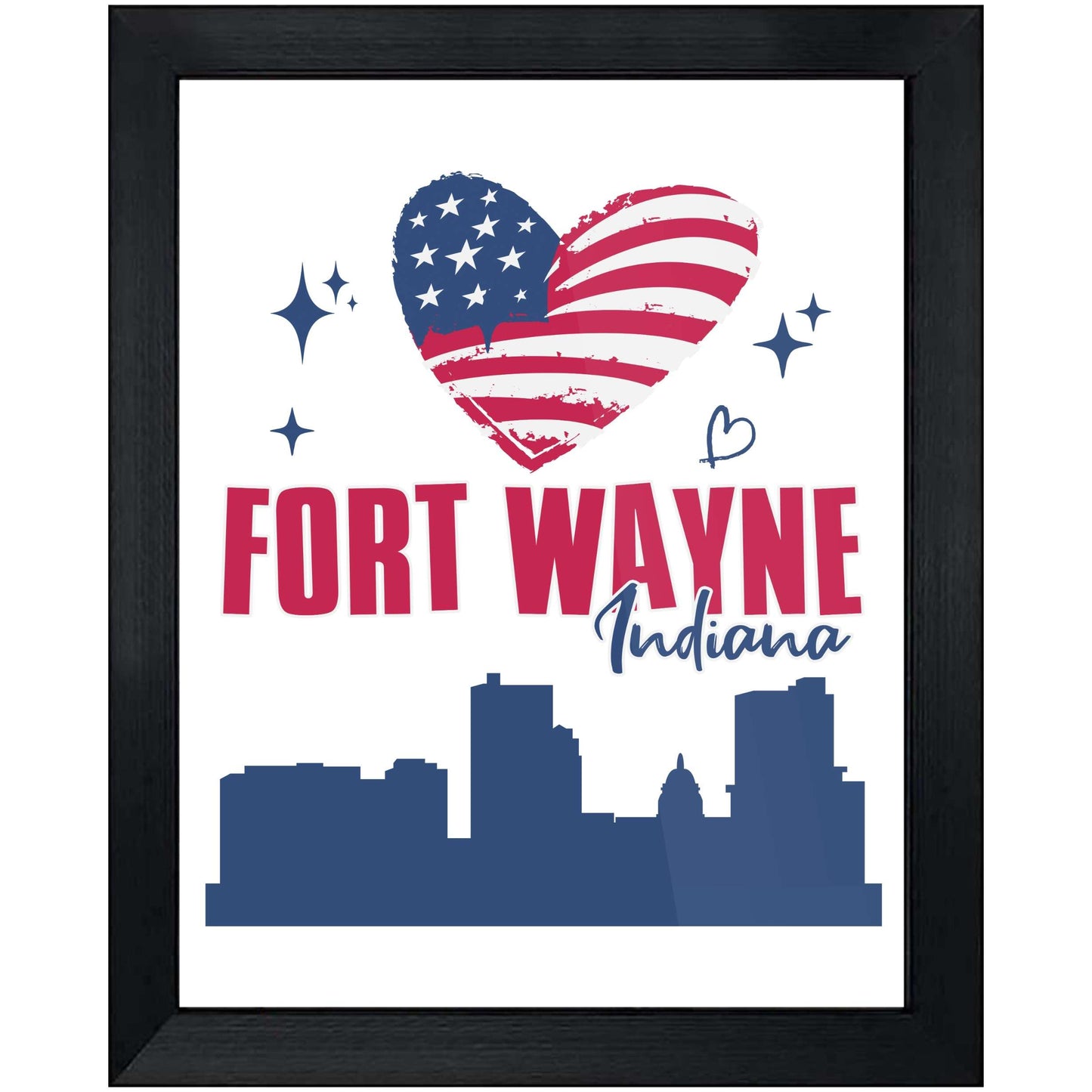 Fort Wayne Indiana Skyline American Flag Heart 4th of July 8"x10" Wall Art Print