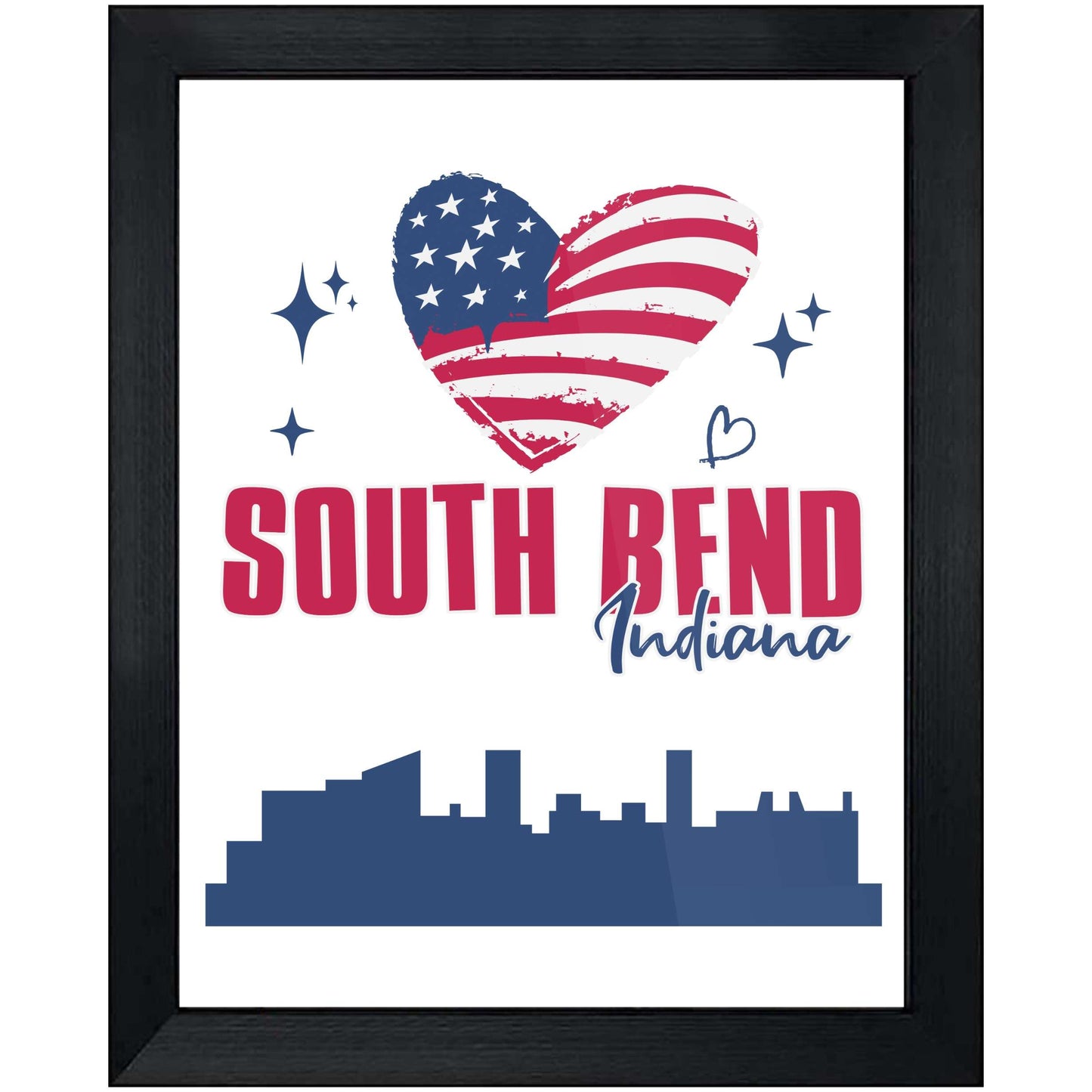 South Bend Indiana Skyline American Flag Heart 4th of July 8"x10" Wall Art Print