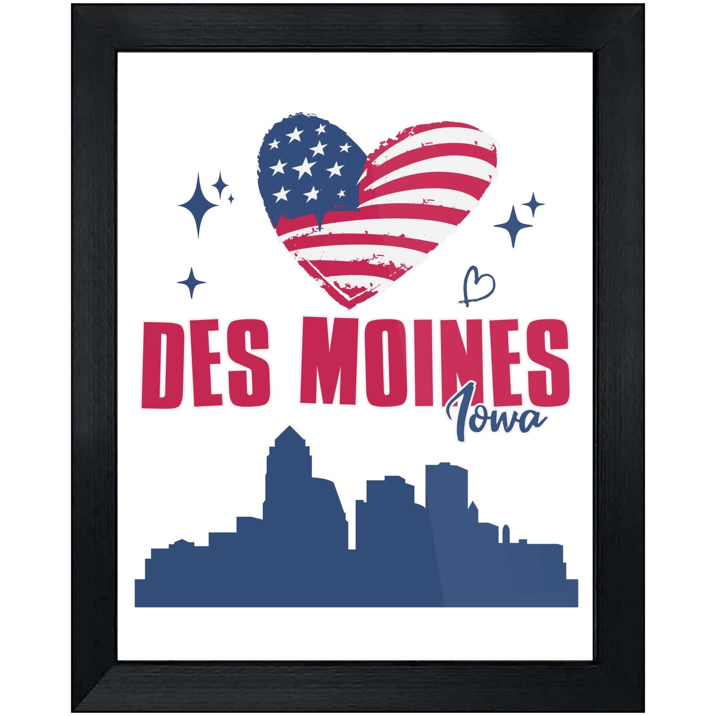 Des Moines Iowa Skyline American Flag Heart 4th of July 8"x10" Wall Art Print