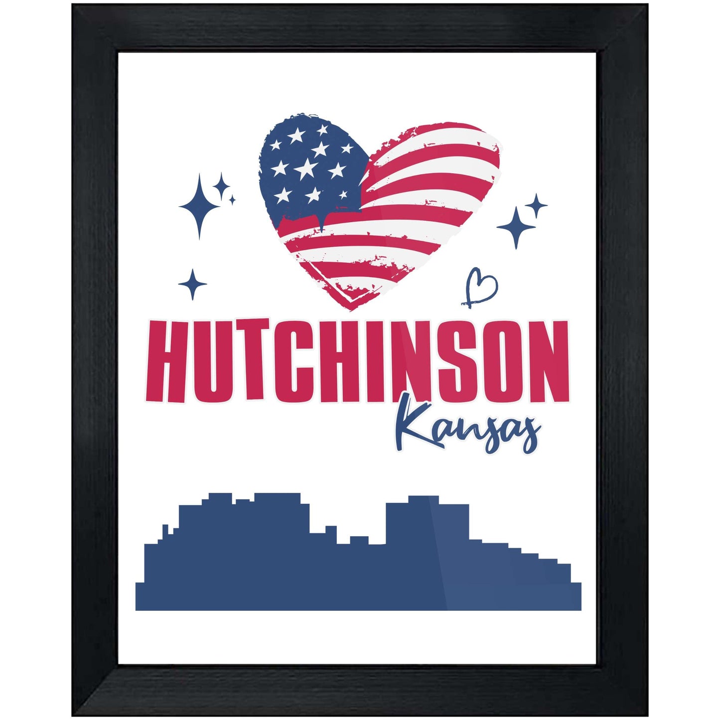Hutchinson Kansas Skyline American Flag Heart 4th of July 8"x10" Wall Art Print