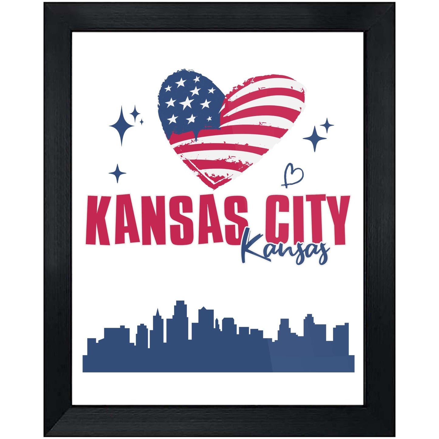 Kansas City Kansas Skyline American Flag Heart 4th of July 8"x10" Wall Art Print