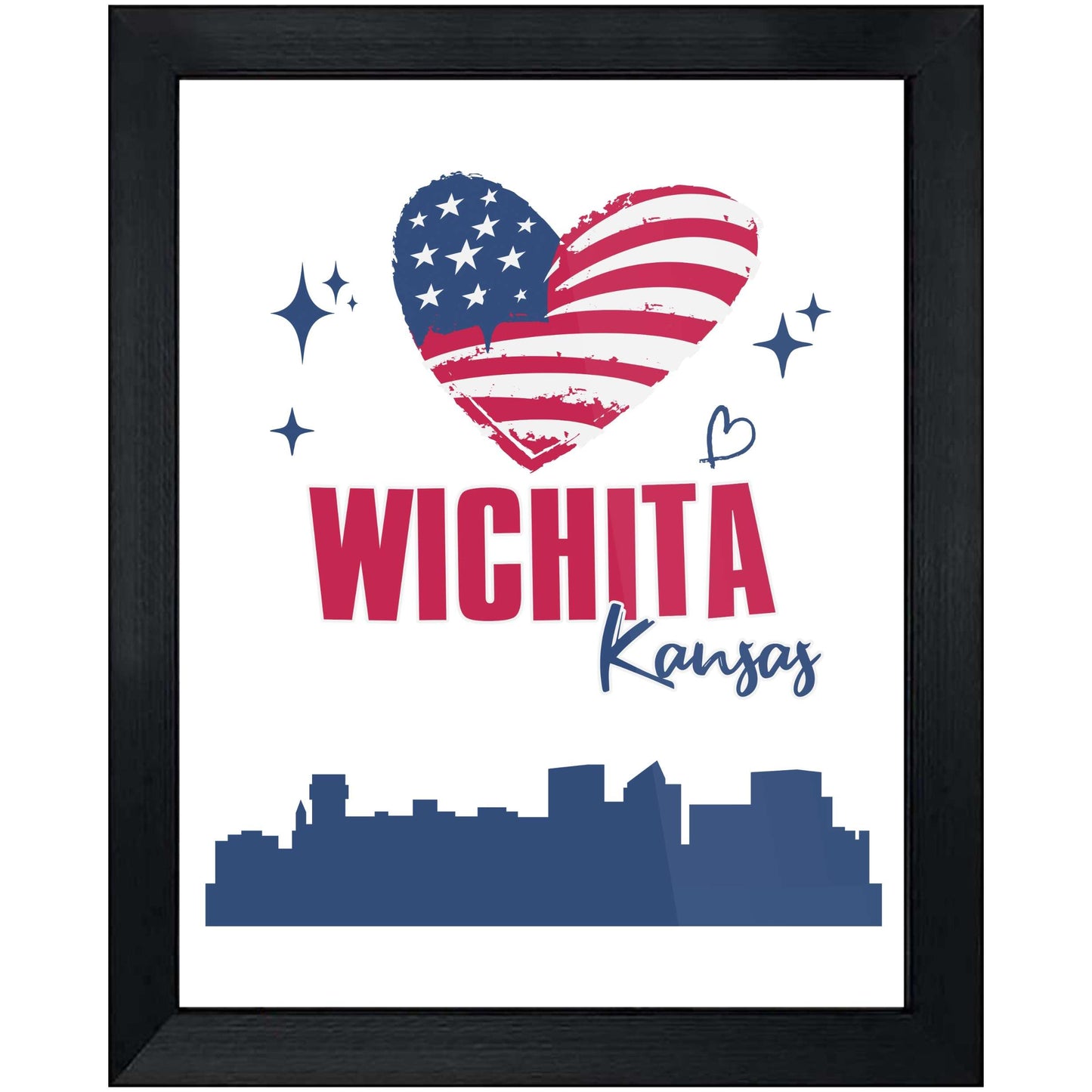 Wichita Kansas Skyline American Flag Heart 4th of July 8"x10" Wall Art Print
