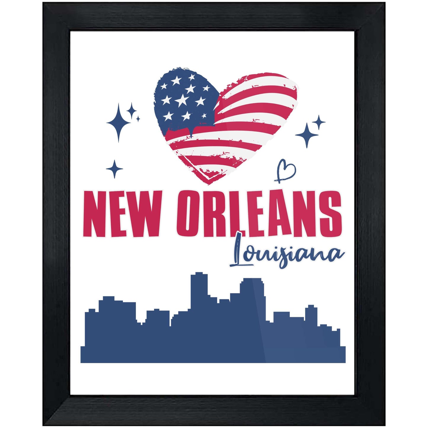 New Orleans Louisiana Skyline American Flag Heart 4th of July 8"x10" Wall Art Print