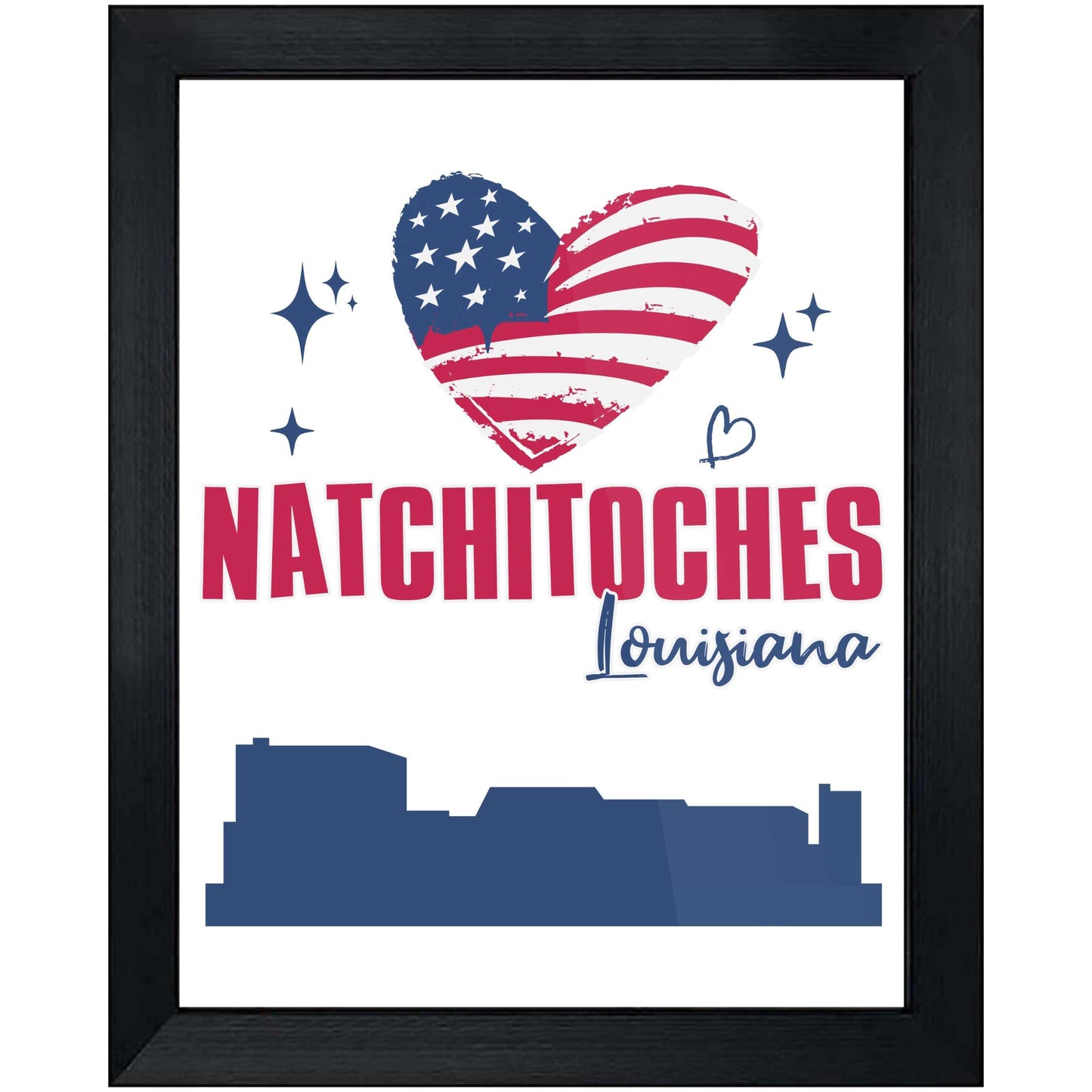 Natchitoches Louisiana Skyline American Flag Heart 4th of July 8"x10" Wall Art Print