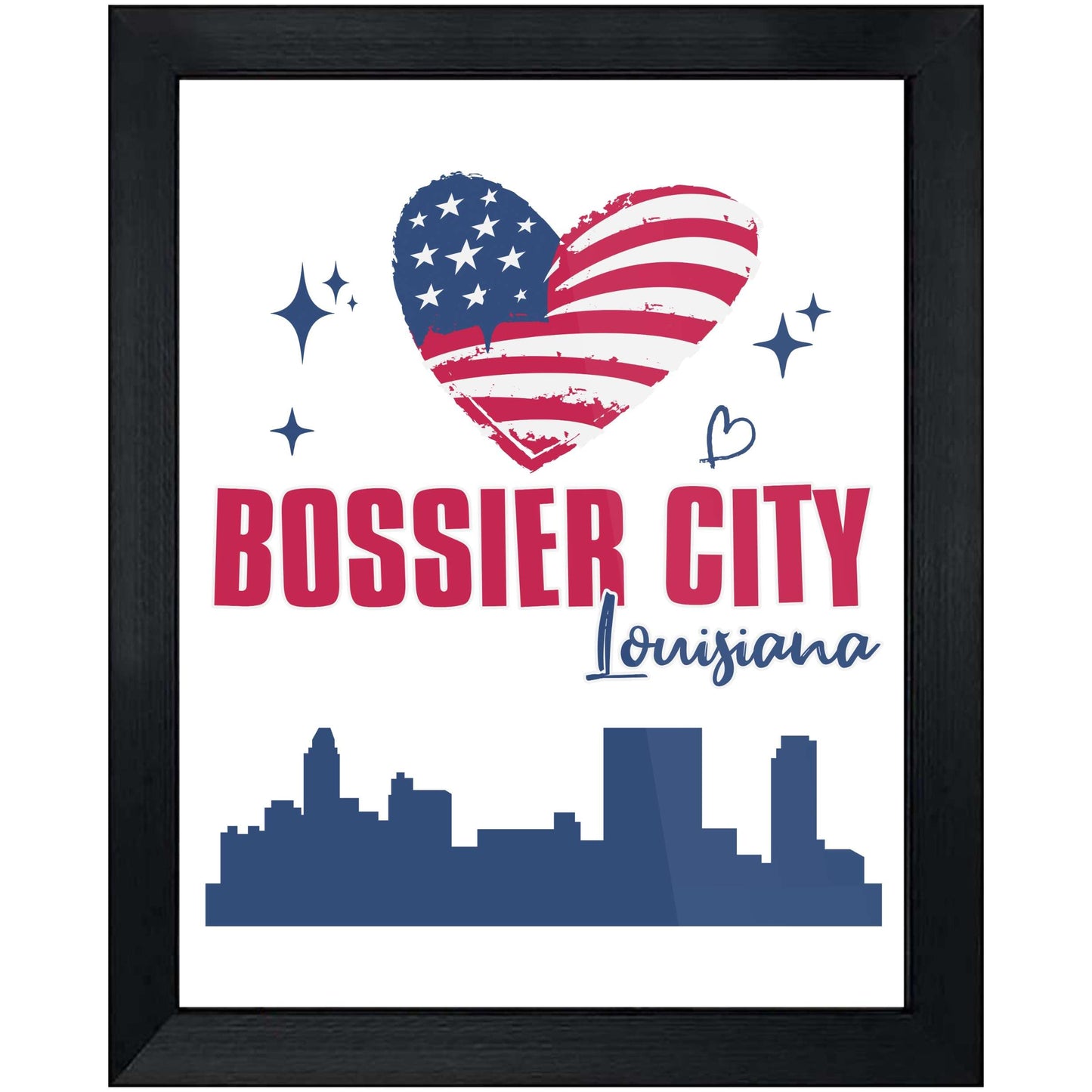 Bossier City Louisiana Skyline American Flag Heart 4th of July 8"x10" Wall Art Print