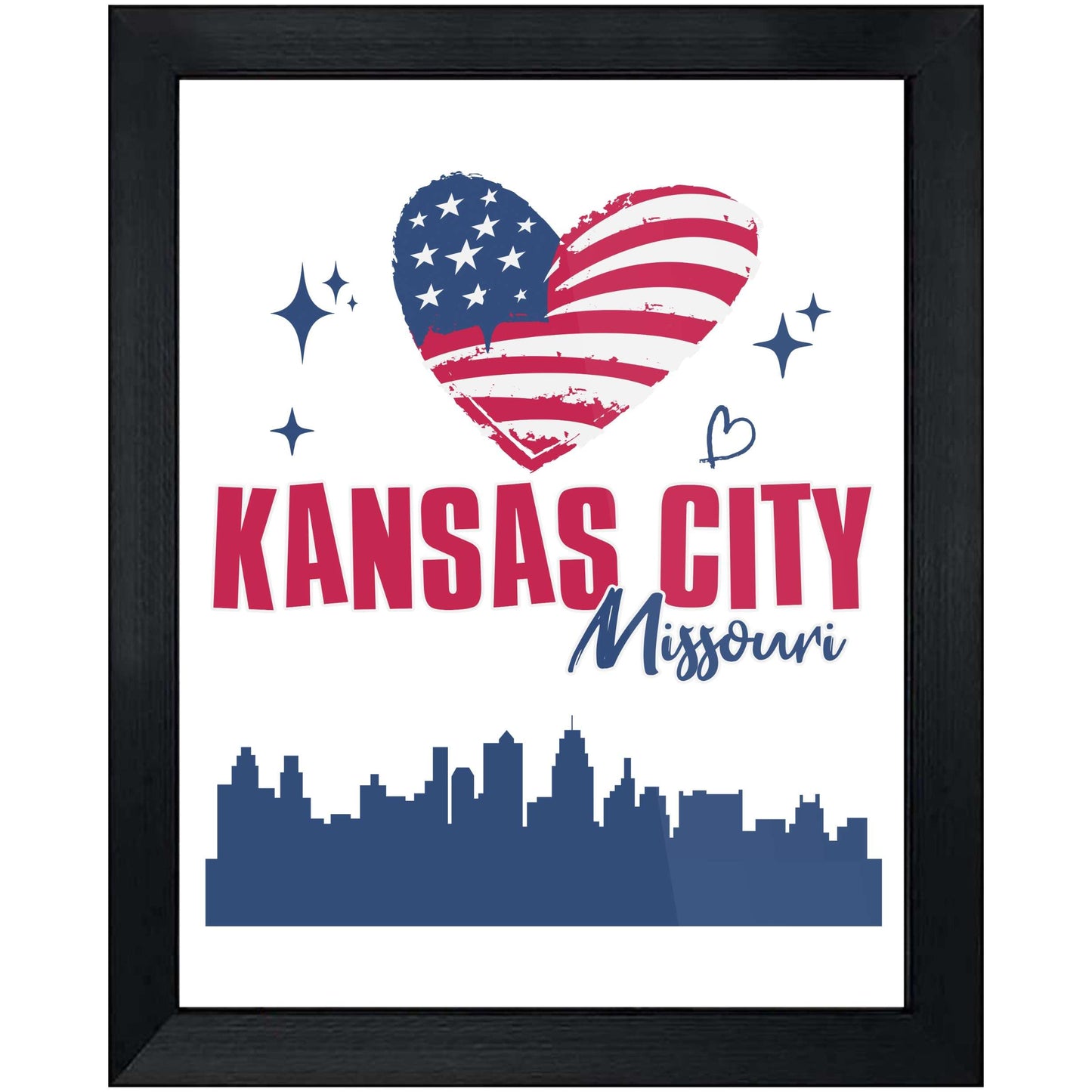 Kansas City Missouri Skyline American Flag Heart 4th of July 8"x10" Wall Art Print