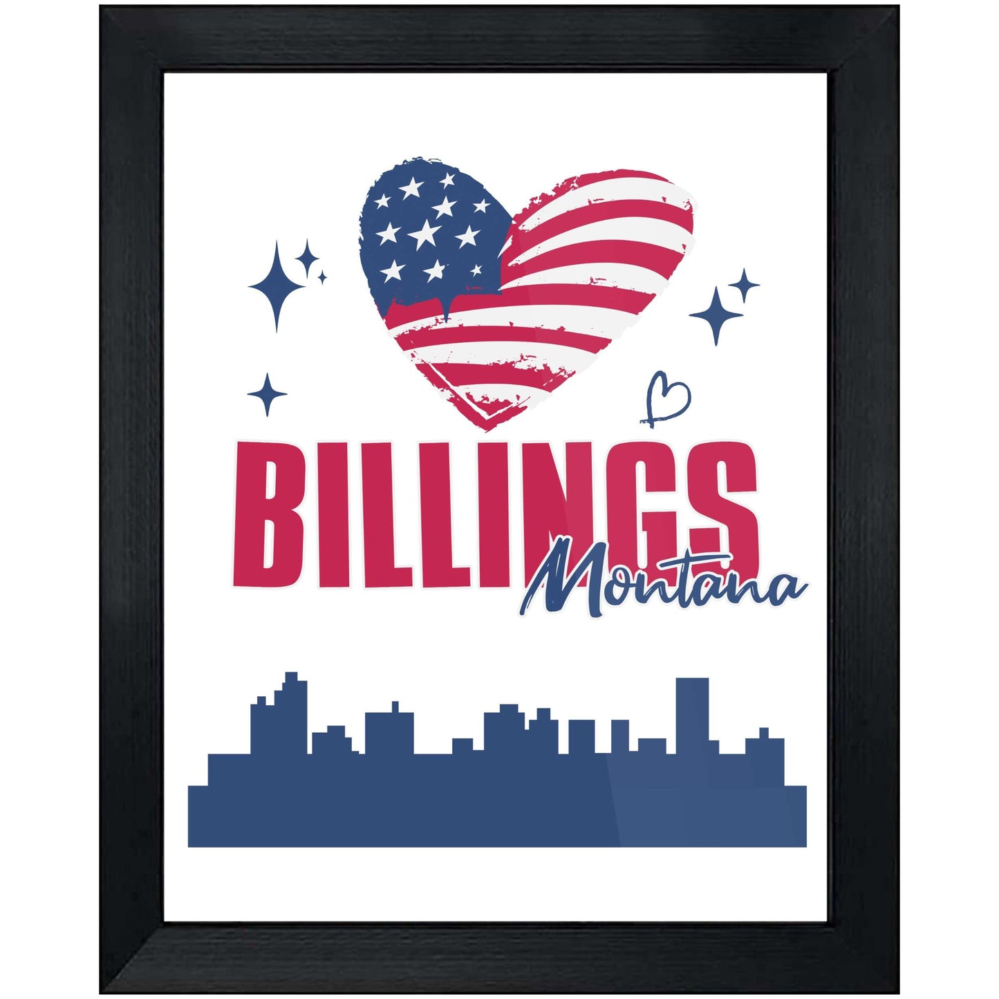 Billings Montana Skyline American Flag Heart 4th of July 8"x10" Wall Art Print
