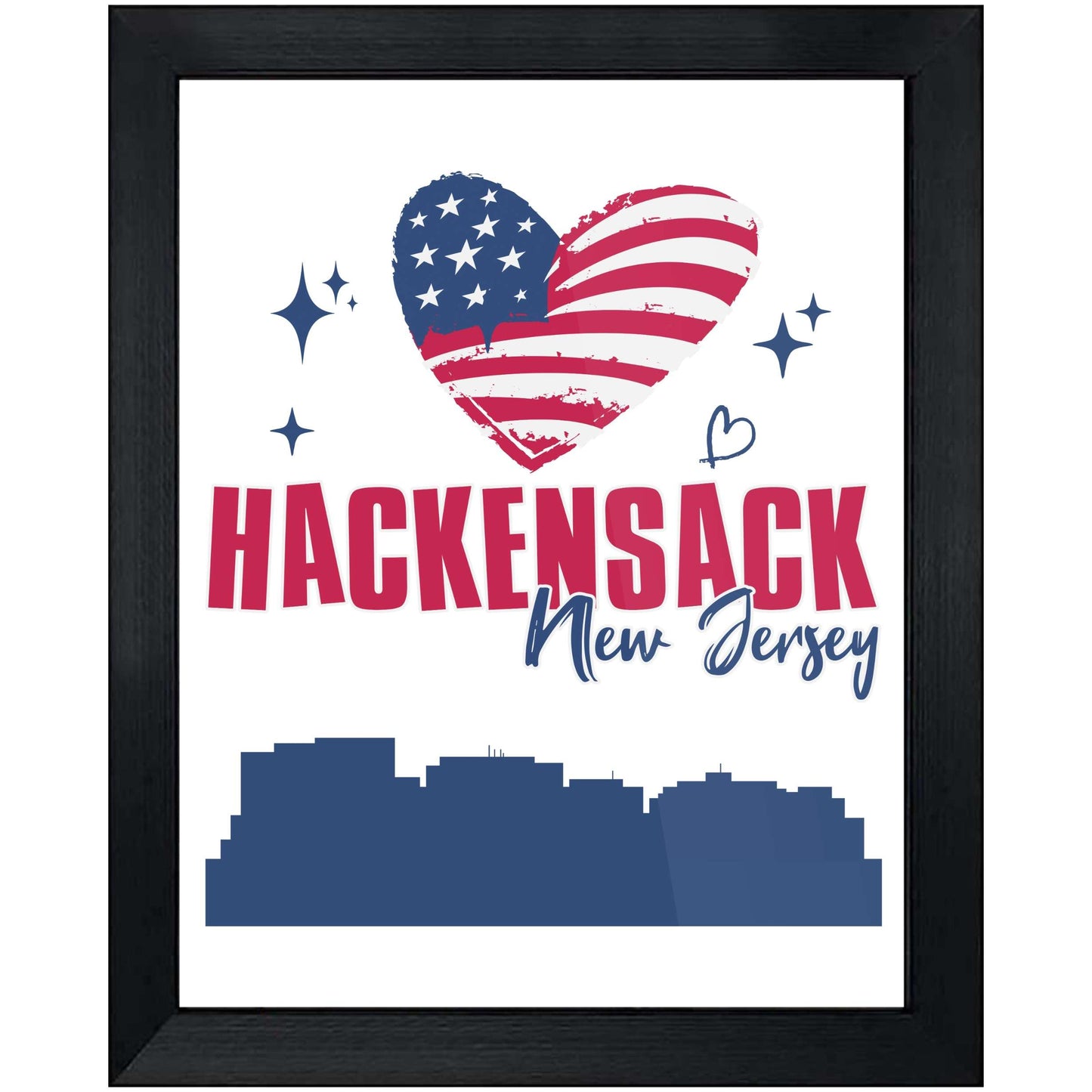 Hackensack New Jersey Skyline American Flag Heart 4th of July 8"x10" Wall Art Print