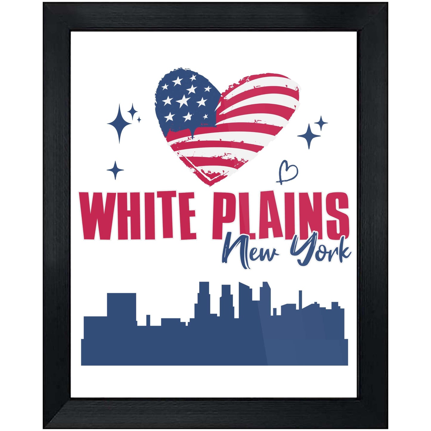White Plains New York Skyline American Flag Heart 4th of July 8"x10" Wall Art Print