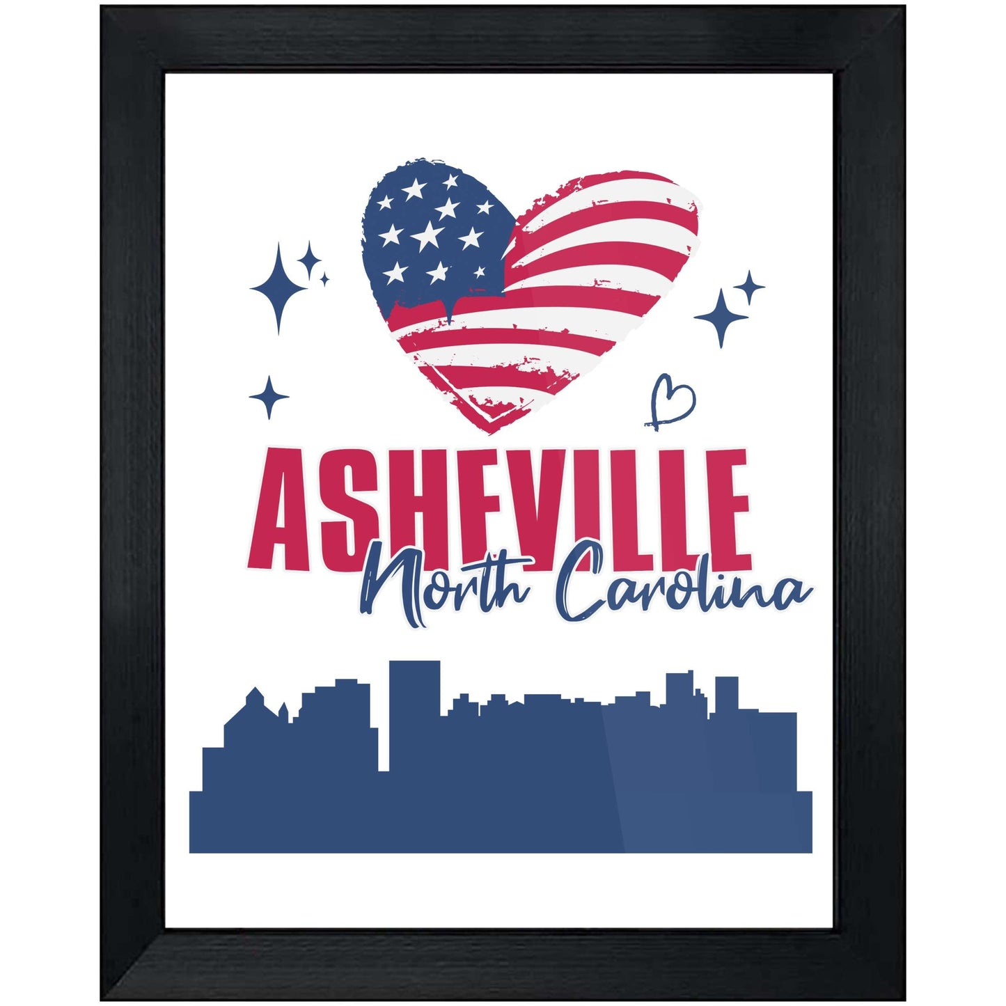 Asheville North Carolina Skyline American Flag Heart 4th of July 8"x10" Wall Art Print