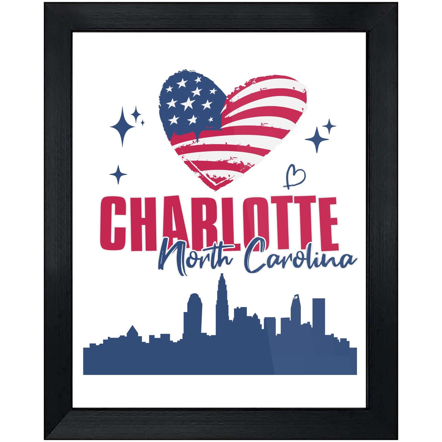 Charlotte North Carolina Skyline American Flag Heart 4th of July 8"x10" Wall Art Print