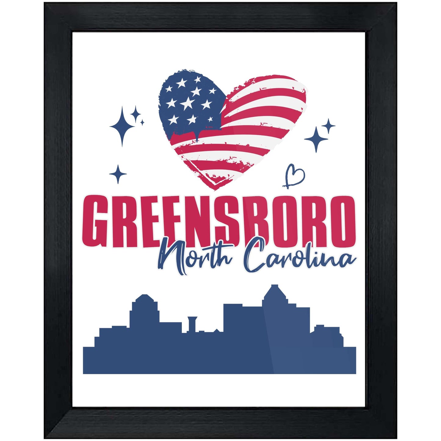 Greensboro North Carolina Skyline American Flag Heart 4th of July 8"x10" Wall Art Print