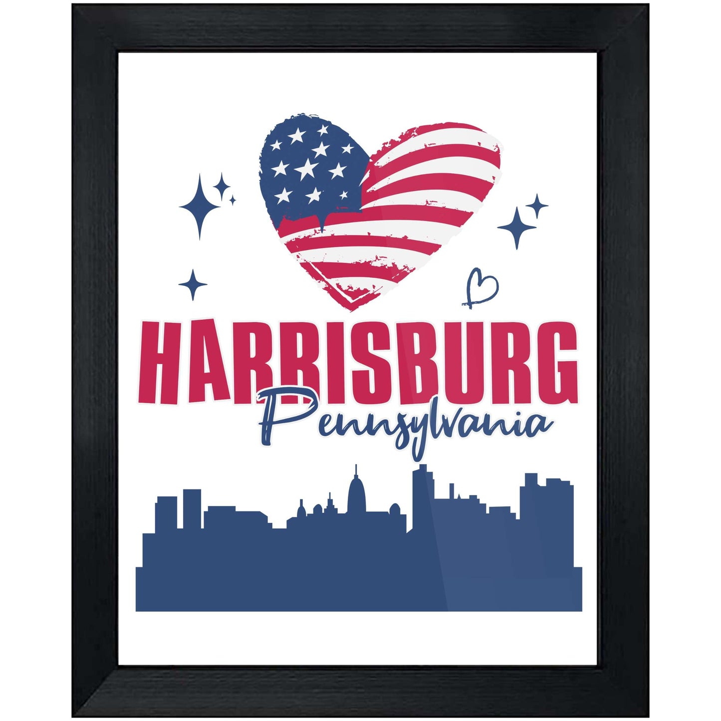 Harrisburg Pennsylvania Skyline American Flag Heart 4th of July 8"x10" Wall Art Print
