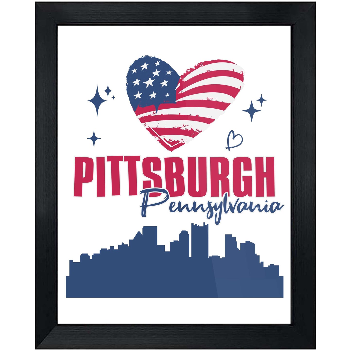 Pittsburgh Pennsylvania Skyline American Flag Heart 4th of July 8"x10" Wall Art Print