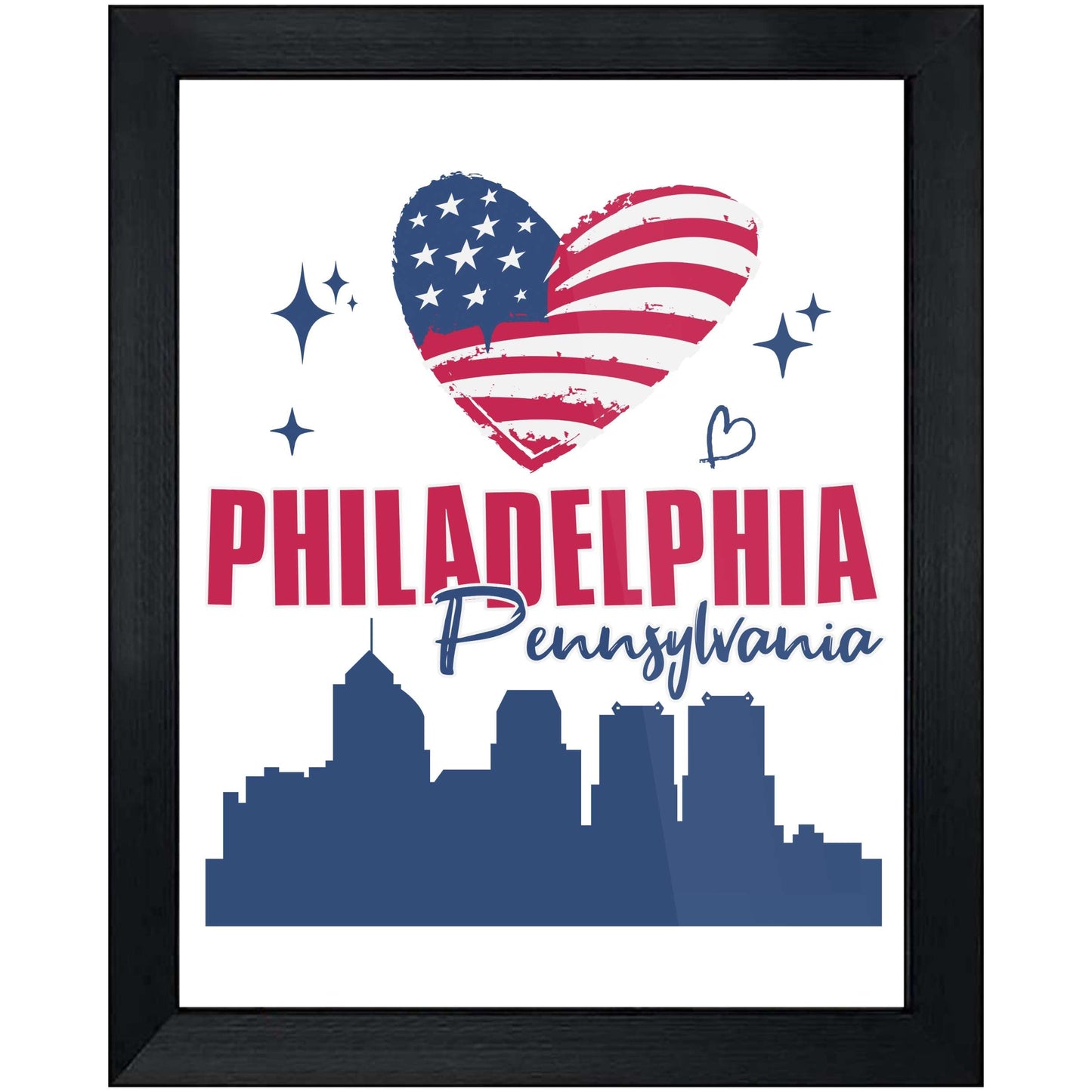 Philadelphia Pennsylvania Skyline American Flag Heart 4th of July 8"x10" Wall Art Print