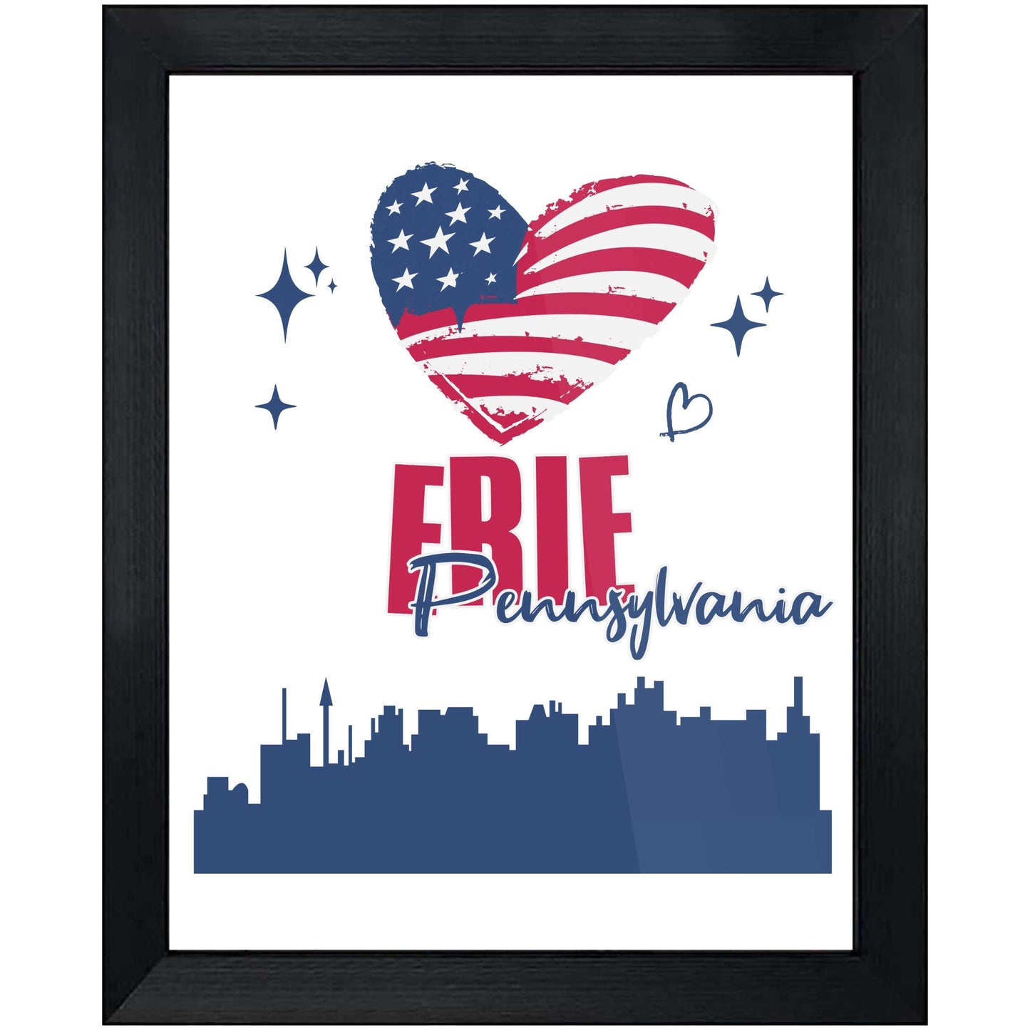 Erie Pennsylvania Skyline American Flag Heart 4th of July 8"x10" Wall Art Print
