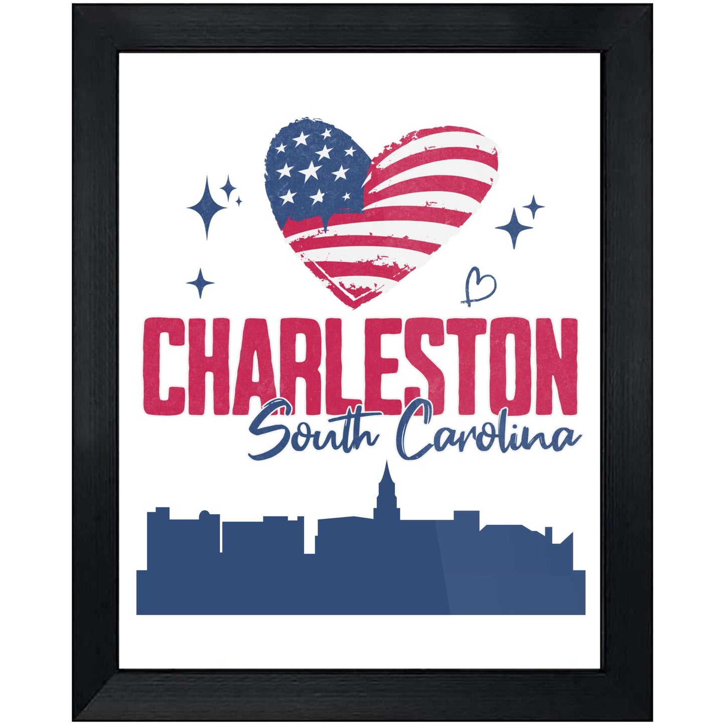 Charleston South Carolina Skyline American Flag Heart 4th of July 8"x10" Wall Art Print
