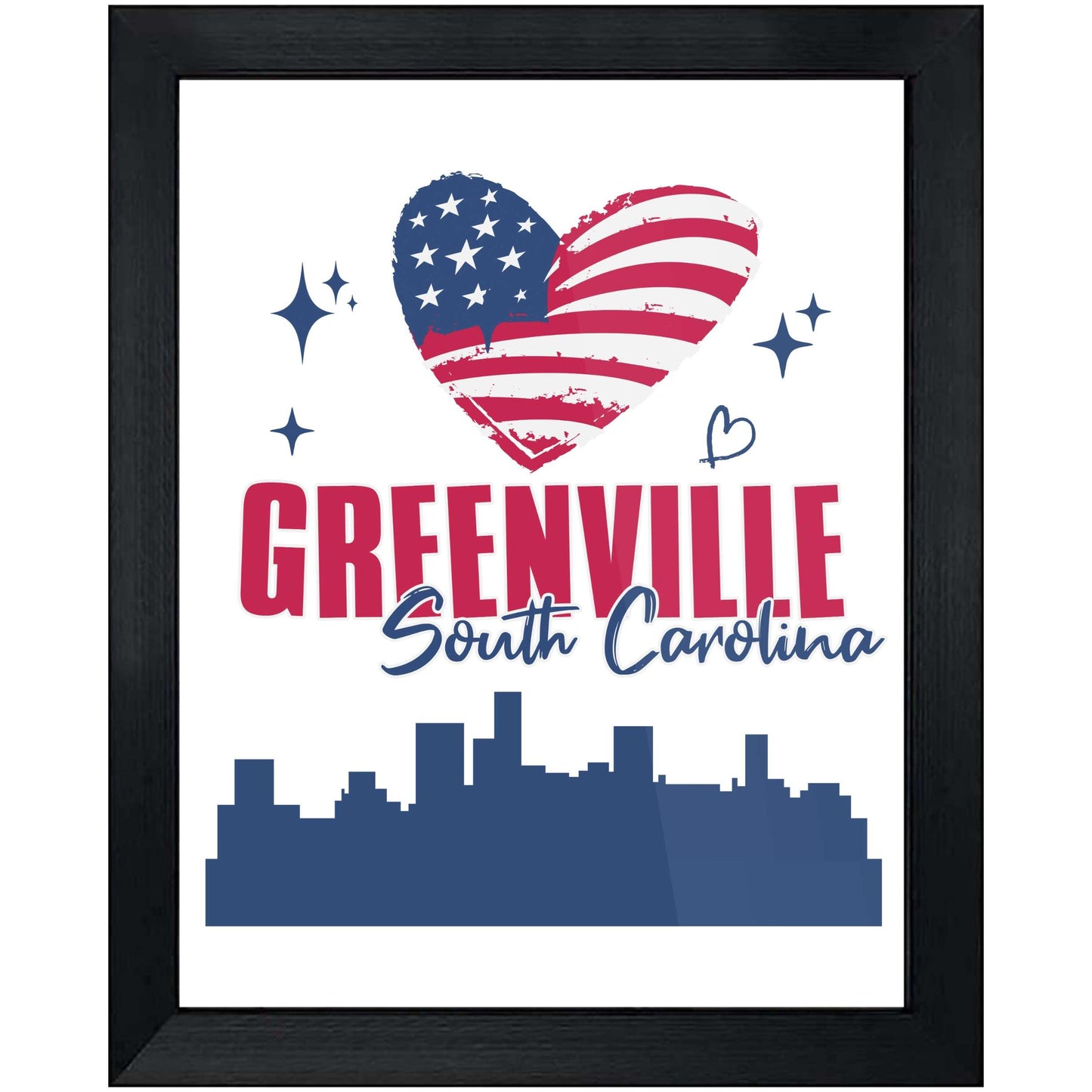 Greenville South Carolina Skyline American Flag Heart 4th of July 8"x10" Wall Art Print