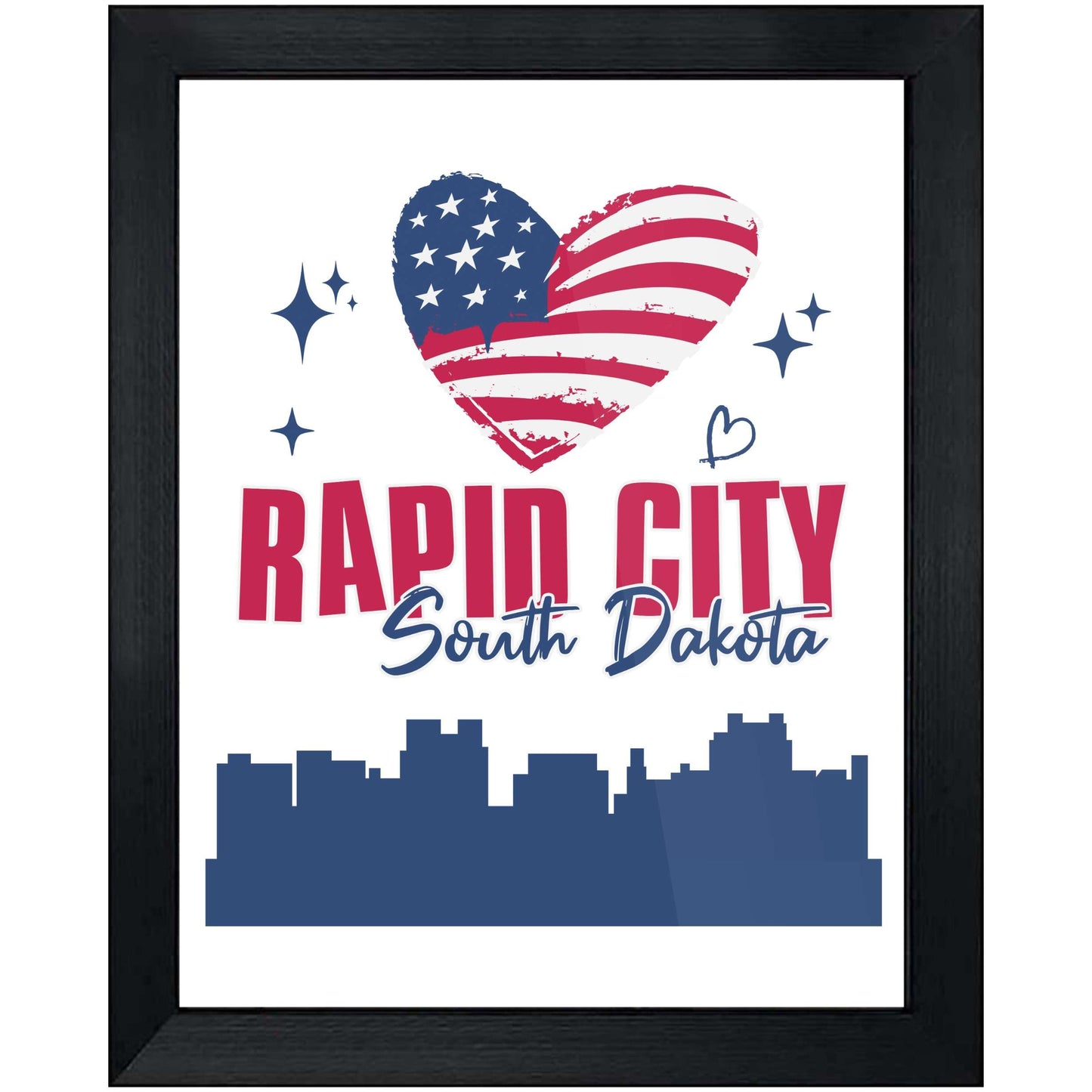 Rapid City South Dakota Skyline American Flag Heart 4th of July 8"x10" Wall Art Print