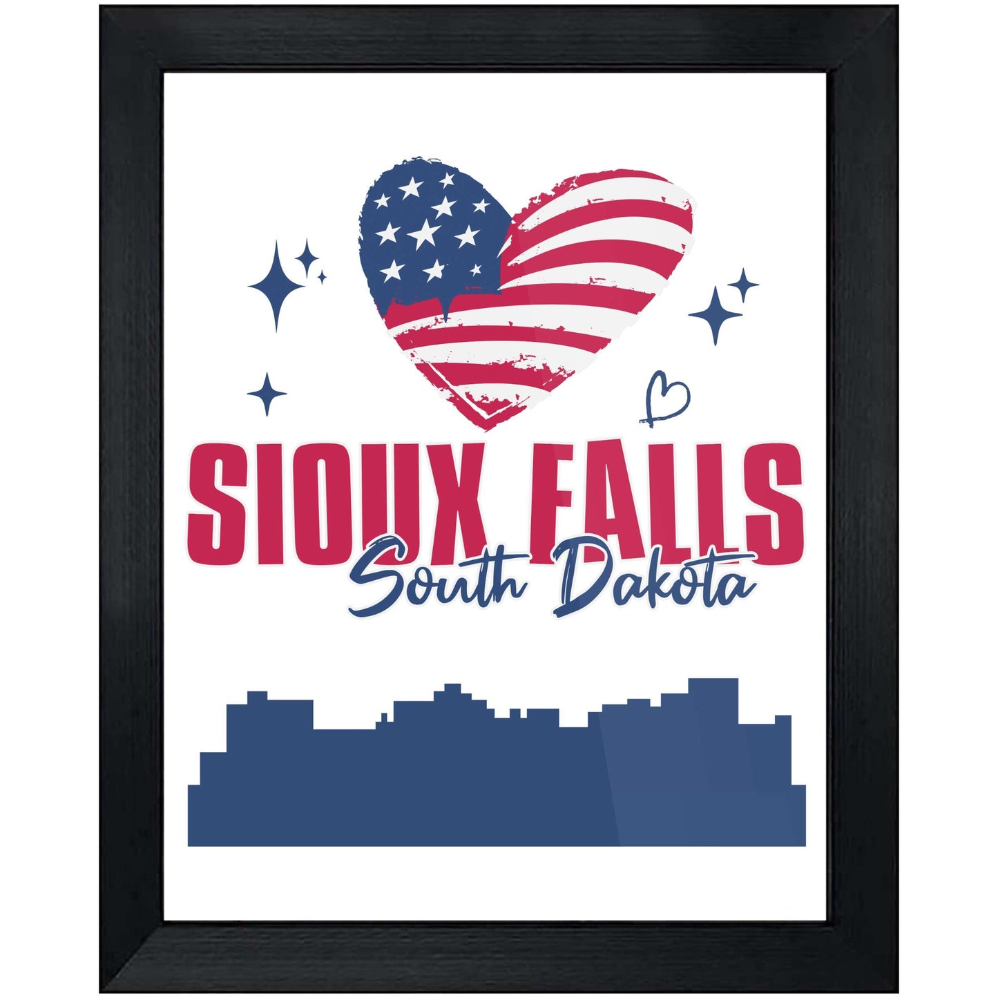 Sioux Falls South Dakota Skyline American Flag Heart 4th of July 8"x10" Wall Art Print