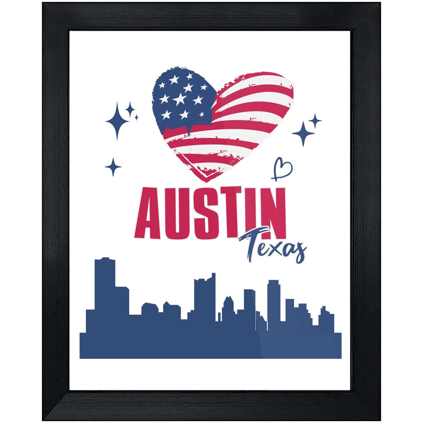 Austin Texas Skyline American Flag Heart 4th of July 8"x10" Wall Art Print